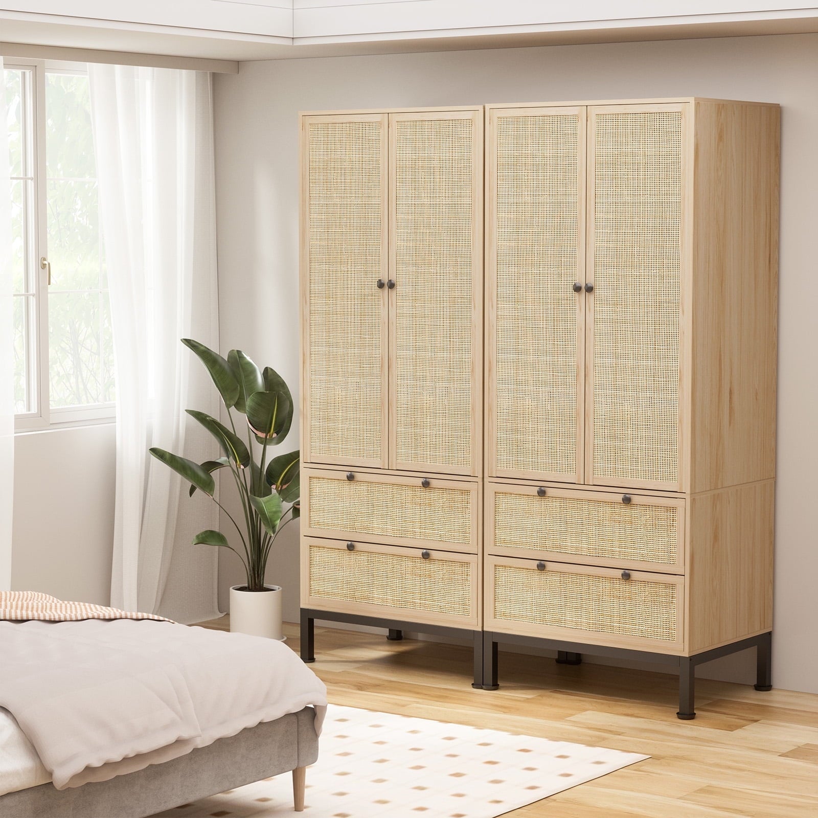 Brafabhome 67H Fluted Armoire Wardrobe Closet with Drawer, Wooden 2 Doors Wardrobe Cabinet with Hanging Rod & Adjustable Shelf for Bedroom | Whitewash