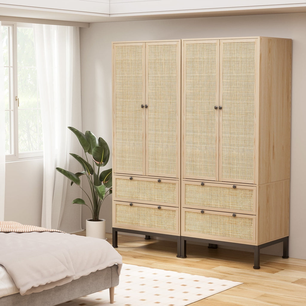 Brafabhome 67H Fluted Armoire Wardrobe Closet with Drawer, Wooden 2 Doors Wardrobe Cabinet with Hanging Rod & Adjustable Shelf for Bedroom | Nature
