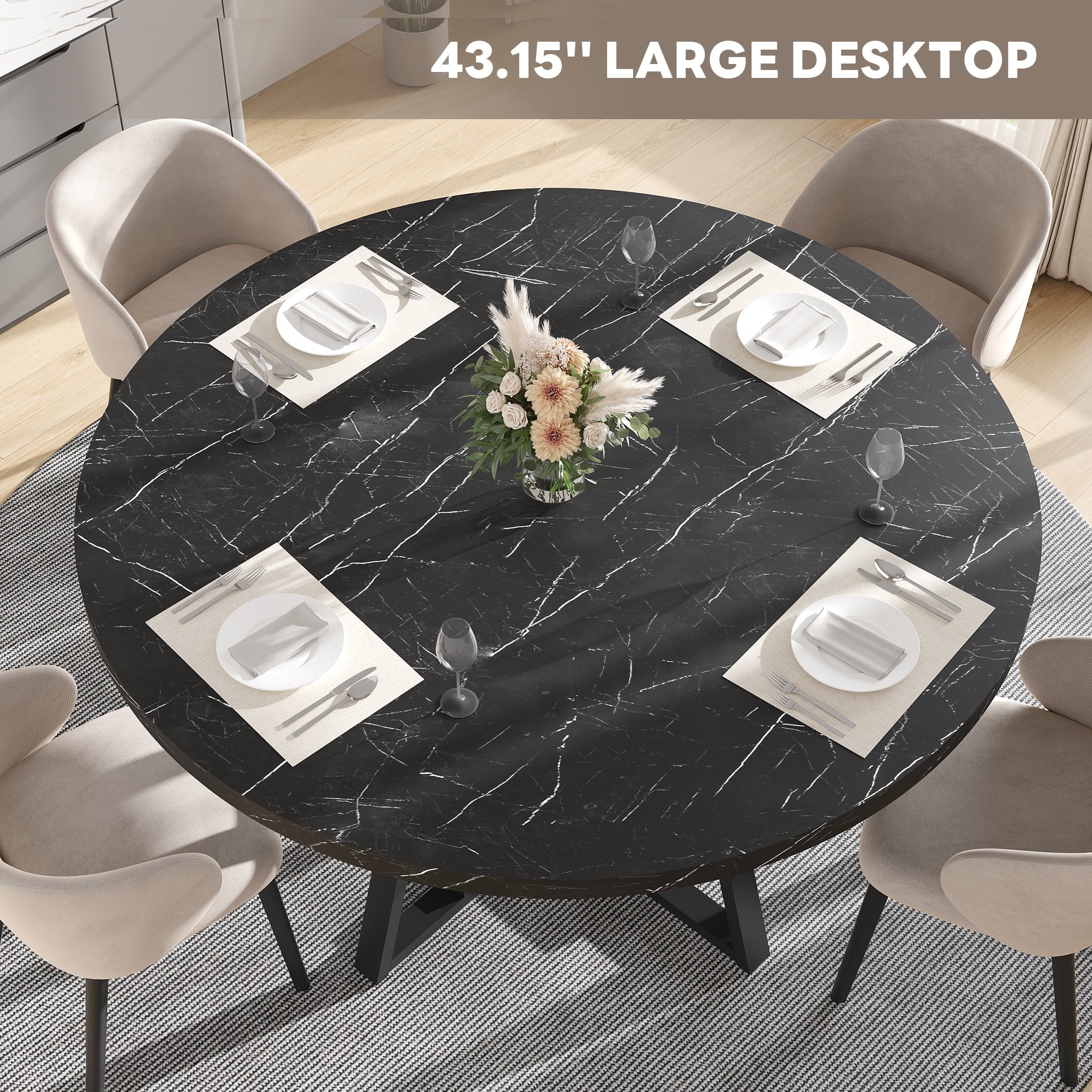 PAPROOS Round Dining Table, 43'' Faux Marble Dining Table with Storage Shelf, Circle Dining Table for Dining Room, Modern Kitchen Table for 4 People, White(Only Table)