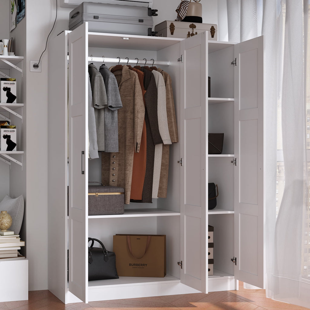 3 Doors Wooden Wardrobe Closet Armoire, White Storage Cabinet for Hanging Clothes, Bedroom Large Capacity Freestanding Armoire,Wood Wardrobe Combination with Shelves