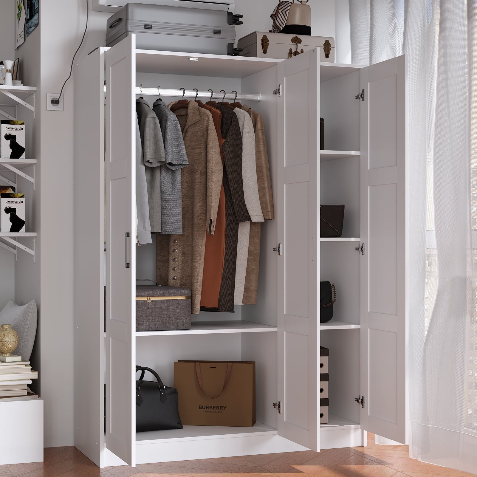 3 Doors Wooden Wardrobe Closet Armoire, White Storage Cabinet for Hanging Clothes, Bedroom Large Capacity Freestanding Armoire,Wood Wardrobe Combination with Shelves