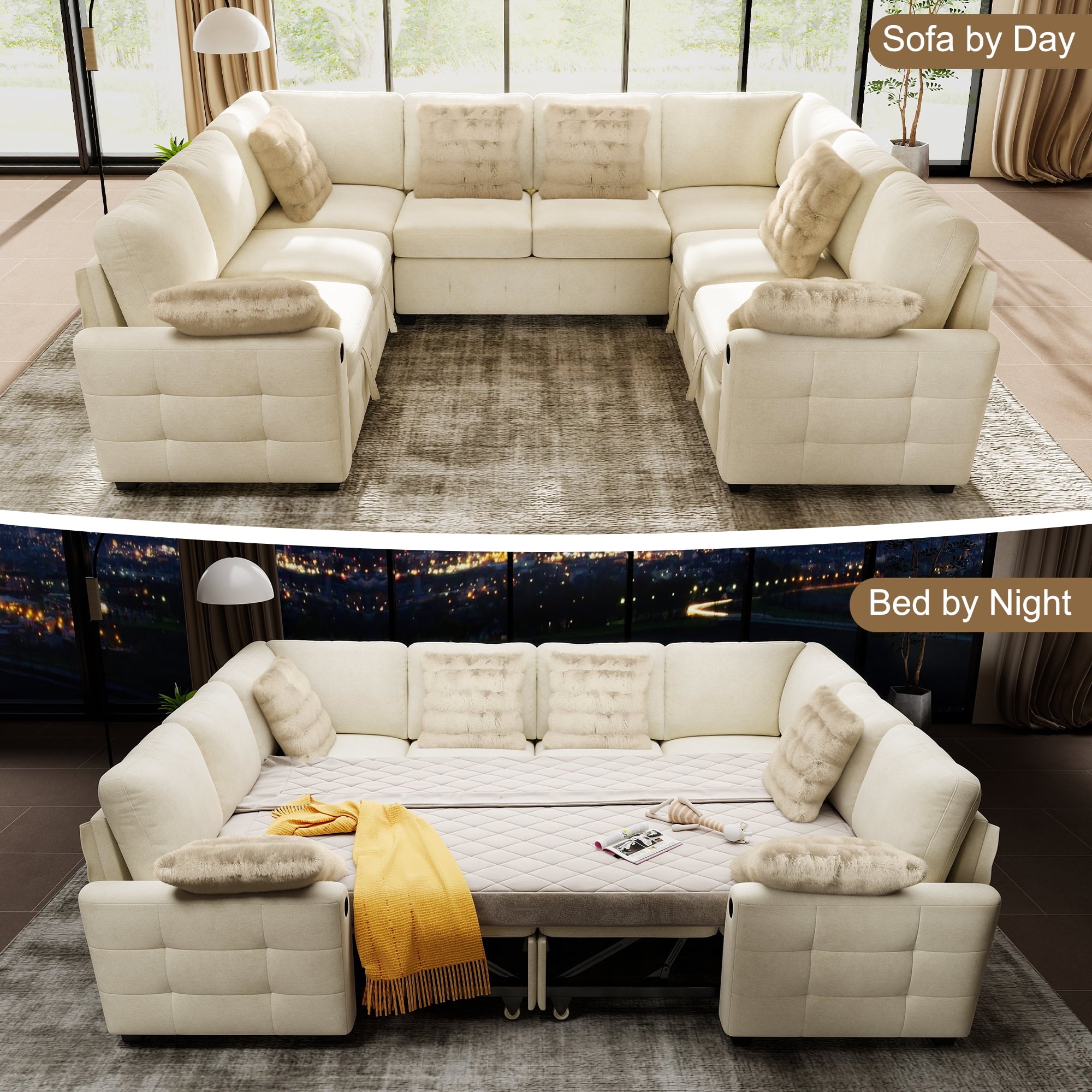 BedLuxury 83 Sectional Sleeper Sofa With Pull Out Bed, Storage Seat & USB Charging, L Shape Modern Couch for Living Room, Corduroy Gray