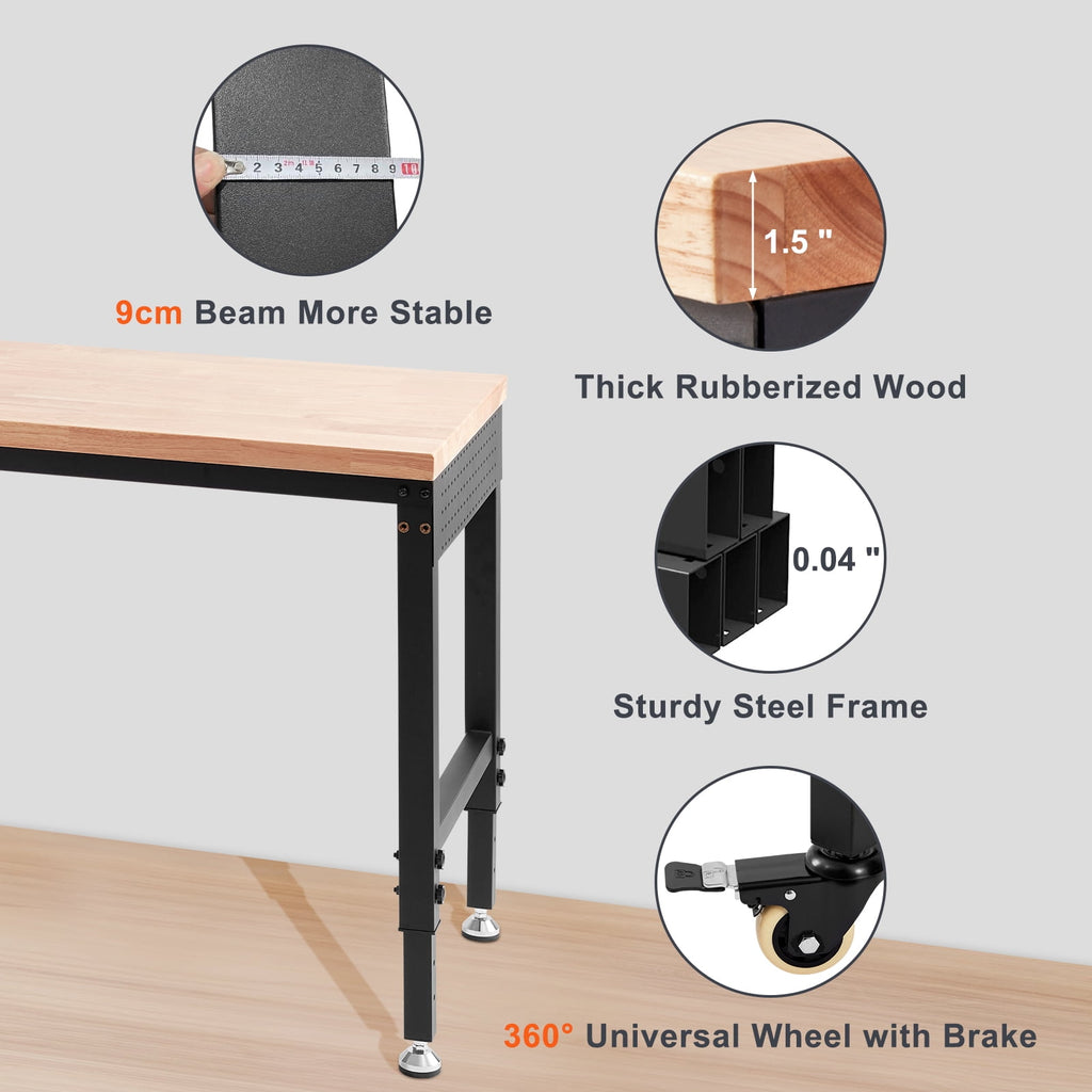 KFFKFF Adjustable Height Workbench 72L x 25W Work Bench Table w/ Power Outlets