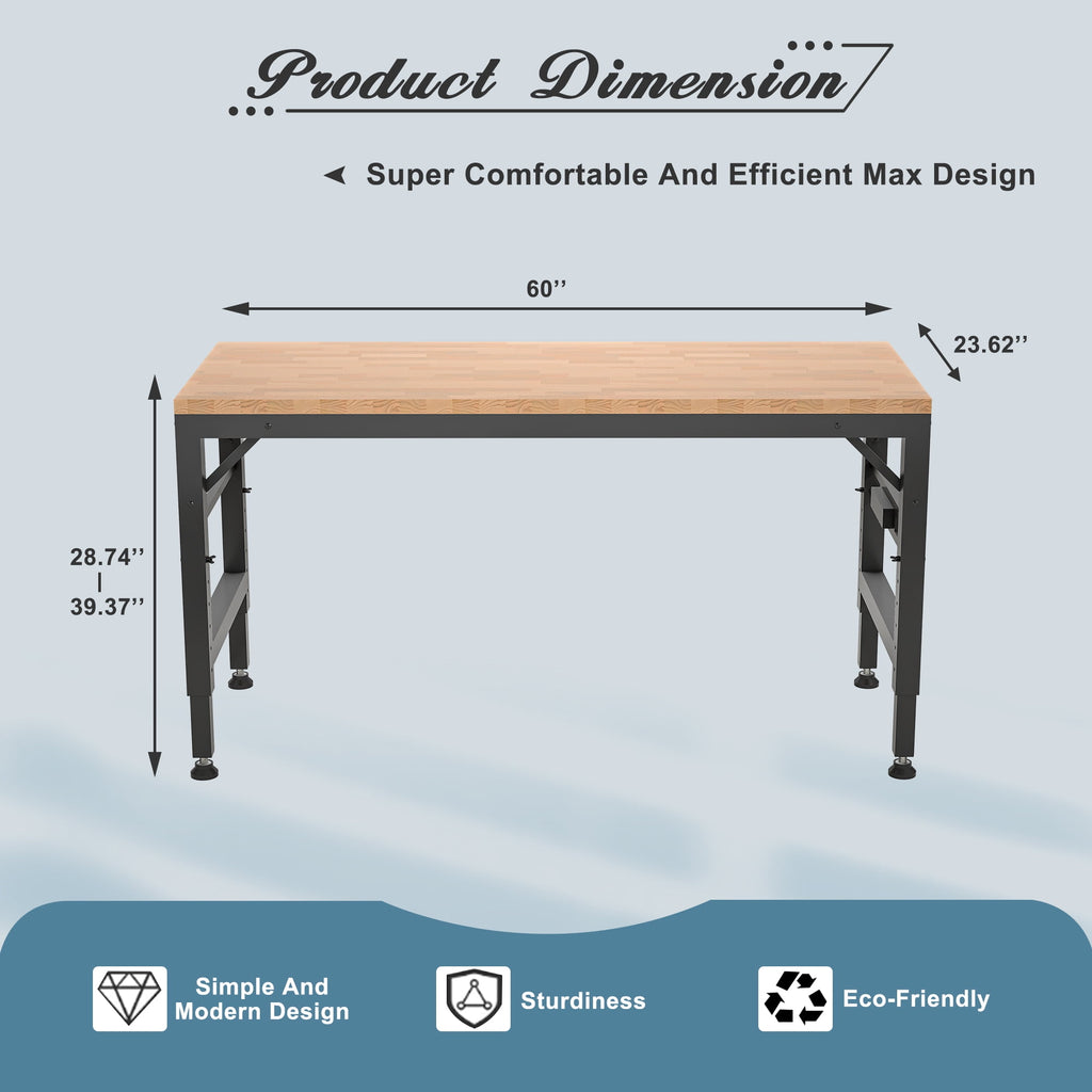 LZBEITEM 60 Adjustable Workbench for Garage, Rubber Wood Heavy Duty Workstation with Power Outlets, 2000 lbs Load Capacity Hardwood Worktable for Workshop, Garage, Office, Home, Commercial 23.62