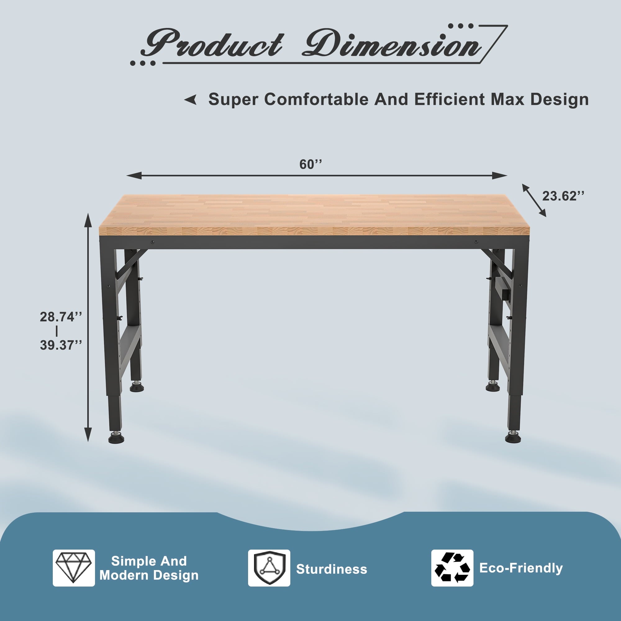LZBEITEM 60 Adjustable Workbench for Garage, Rubber Wood Heavy Duty Workstation with Power Outlets, 2000 lbs Load Capacity Hardwood Worktable for Workshop, Garage, Office, Home, Commercial 23.62