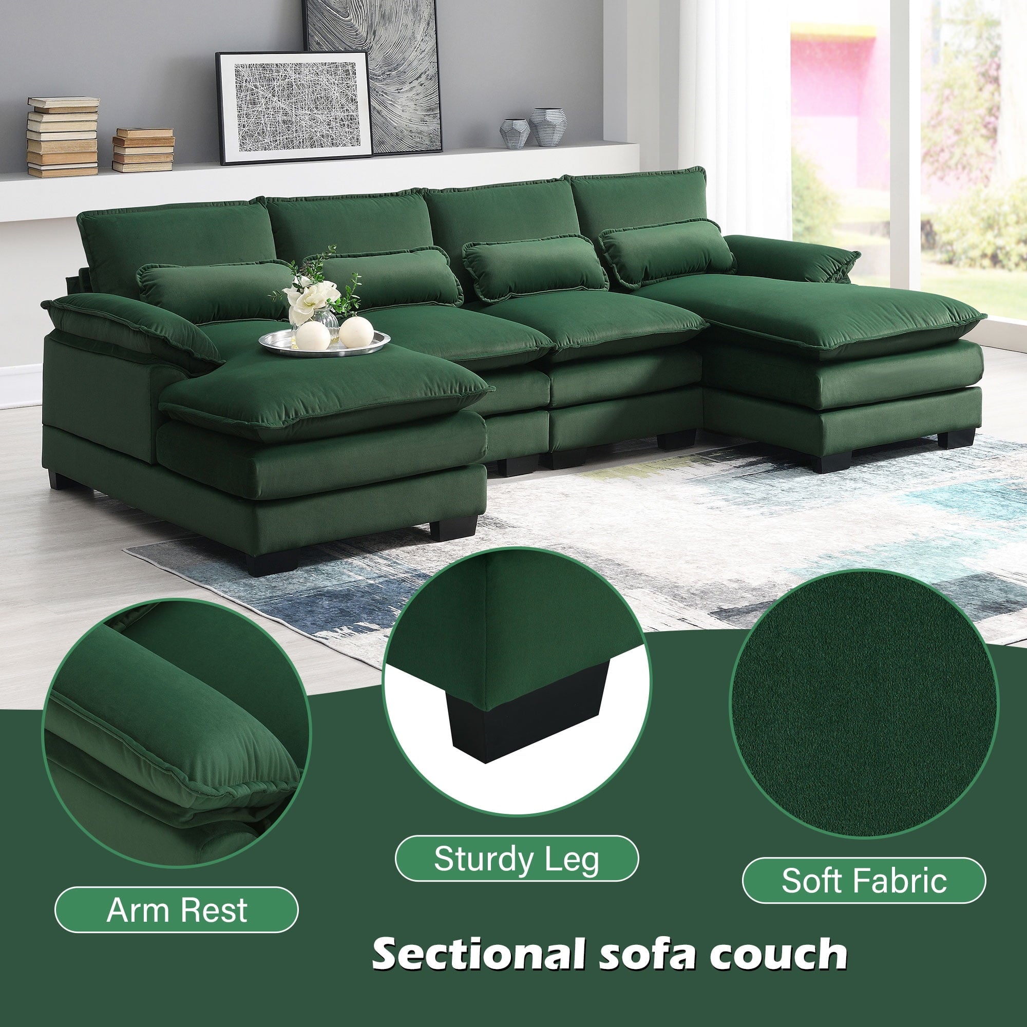 JONPONY109.45 U Shaped Couch,Oversized 4 Seat Sectional with 4 Waist Pillows, Convertible Upholstery Symmetrical Sofá,Sleeper Sofa Couch with Double Chaise Lounge &Memory Foam for Living Room, Beige