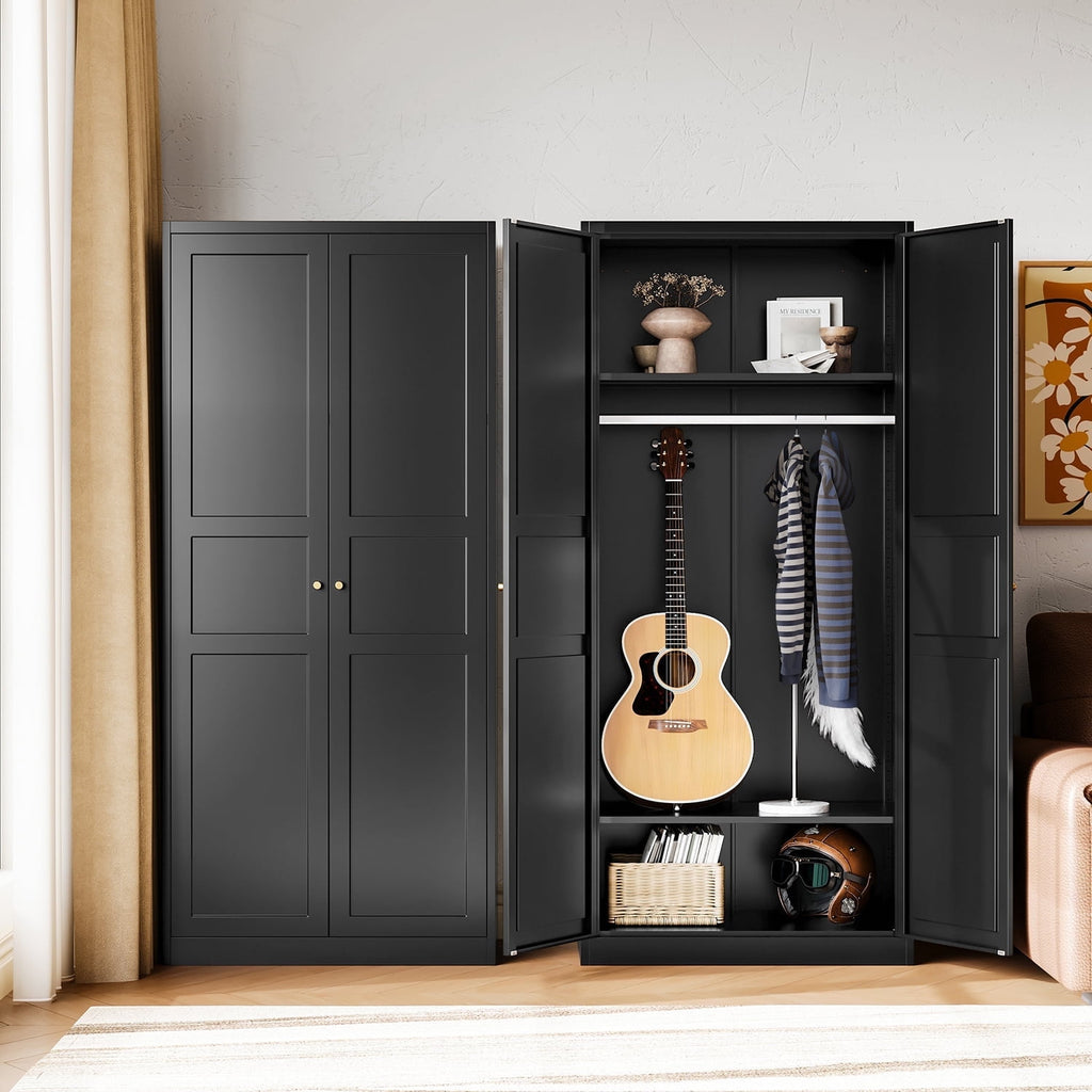 STANI Metal Wardrobe Closet with Hanging Rod, 72 White Armoire Wardrobe Cabinet with Adjustable Shelves, Clothes Storage Organizer Cabinets for Bedroom, Bathroom, Office