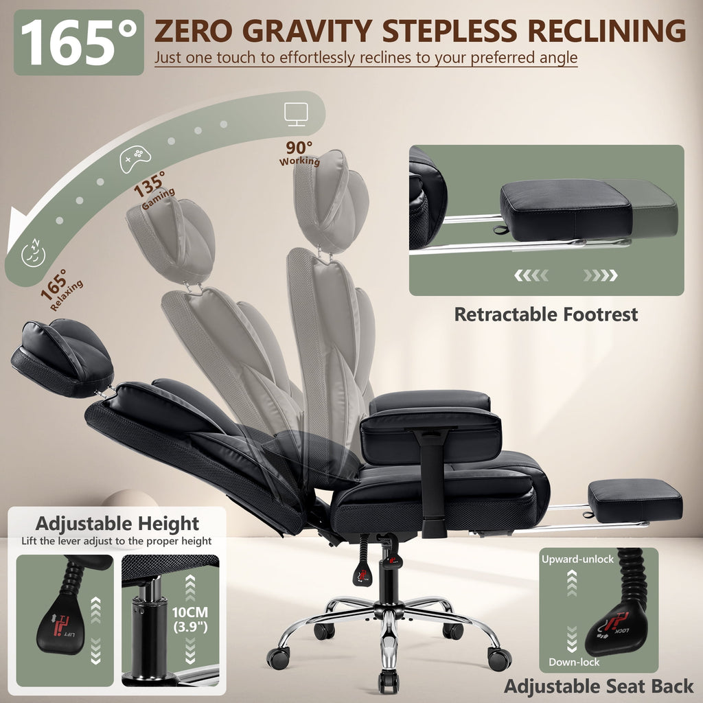 COOLHUT Big and Tall PU Leather Office Chair with Adjustable Headrest & Footrest, Executive Computer Desk Chair with 3D Adjustable Padded Armrest, Ergonomic Office Chair with Lumbar Support, Black