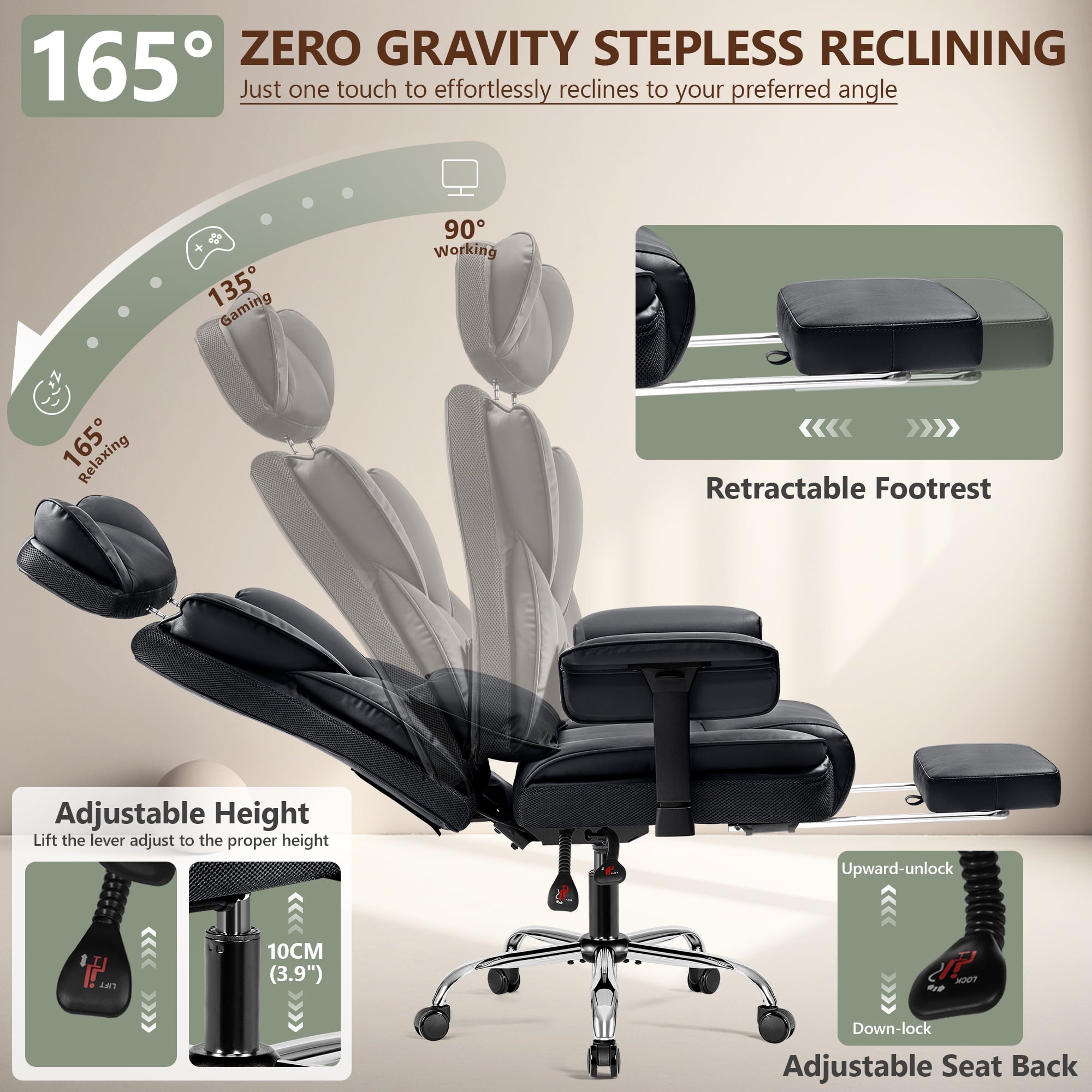 COOLHUT Big and Tall PU Leather Office Chair with Adjustable Headrest & Footrest, Executive Computer Desk Chair with 3D Adjustable Padded Armrest, Ergonomic Office Chair with Lumbar Support, Black