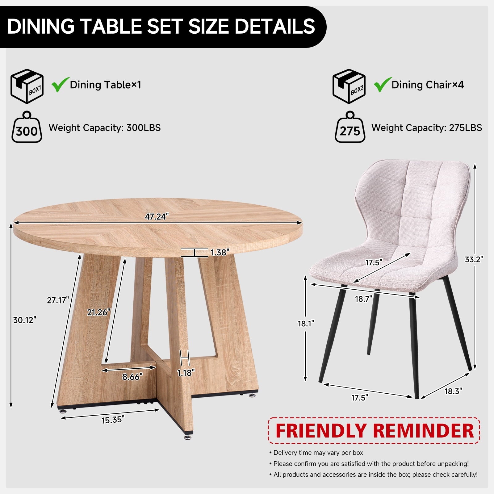 47 Round Dining Table Set for 4 Mid-Century Modern Kitchen Table with 4 Upholstered Chairs Kitchen Coffee Set Dining Table and Chairs for Living Room(Natural Table with 4 Beige Chairs)