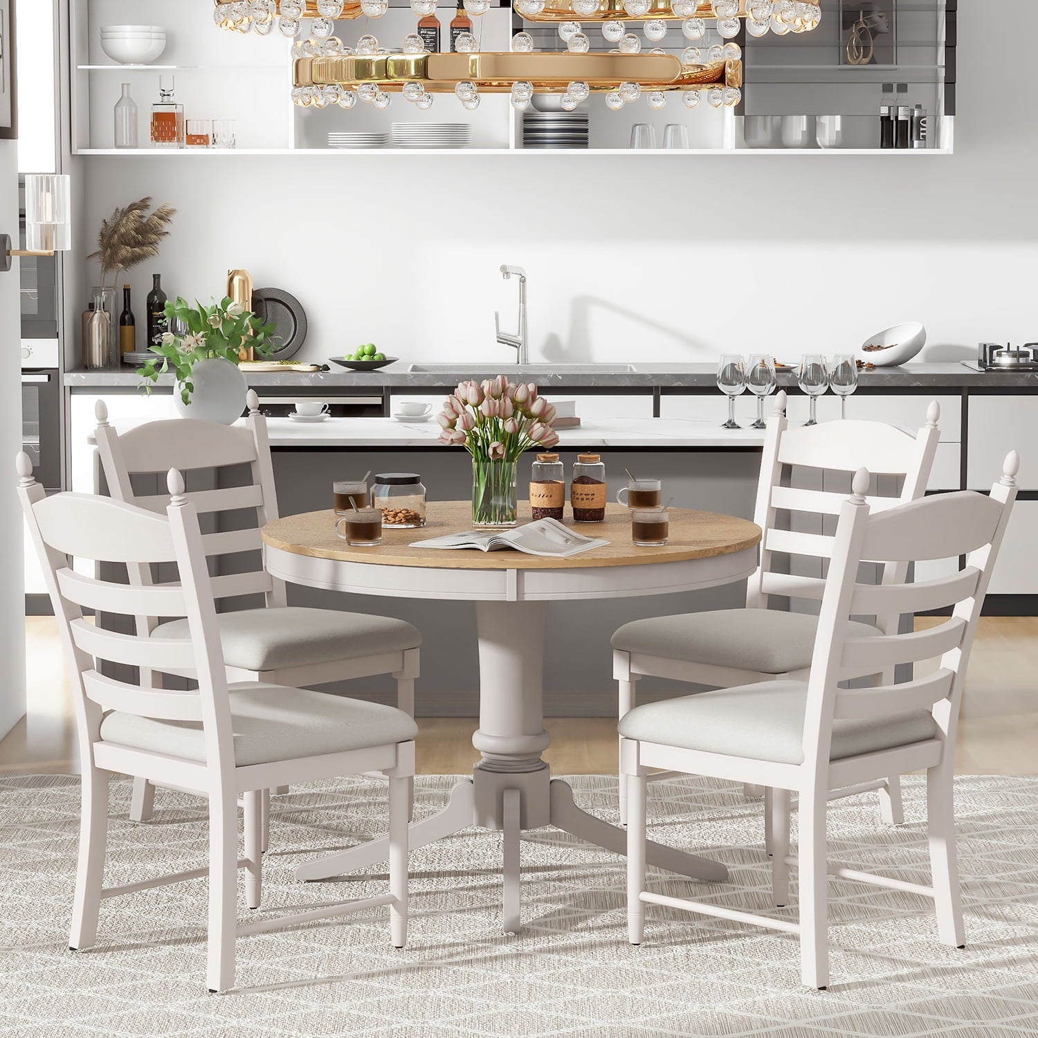 Harper & Bright Designs Farmhouse 5 Piece Kitchen Dining Table Set for 4, Solid Wood Extendable Round Dining Table Set and 4 Upholstered Chairs, Retro Dining Set for Kitchen, Natural Wood Wash