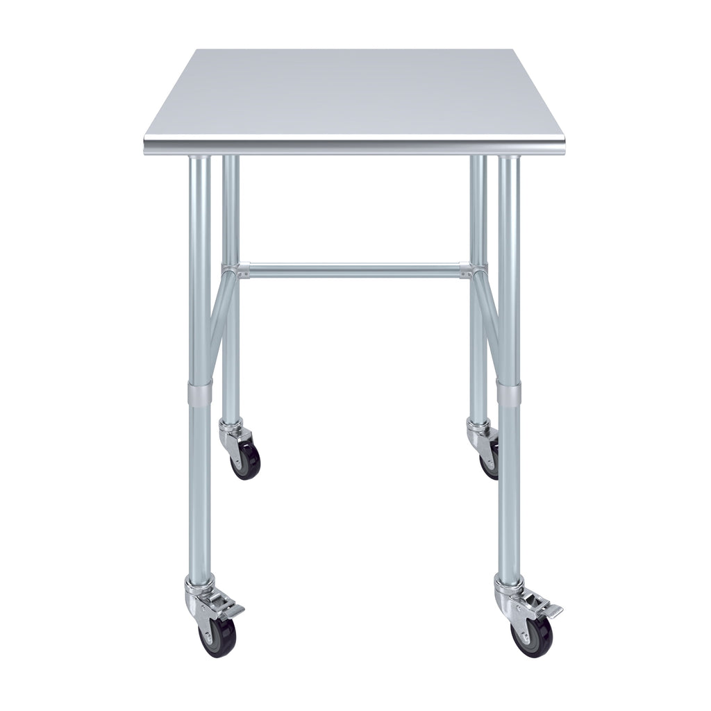 AmGood 36 Long x 30 Deep Stainless-Steel Work Table with Open Base and Wheels, Mobile Metal Table
