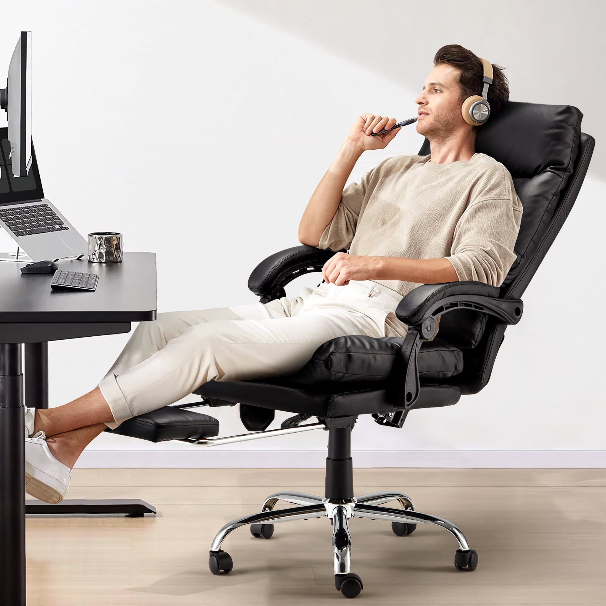 HOMREST Ergonomic Office Chair with 6-Point Massage & Heating, Adjustable Executive Desk Chair with Retractable Footrest, PU Leather Home Office Desk Chair for Home & Office (Black)