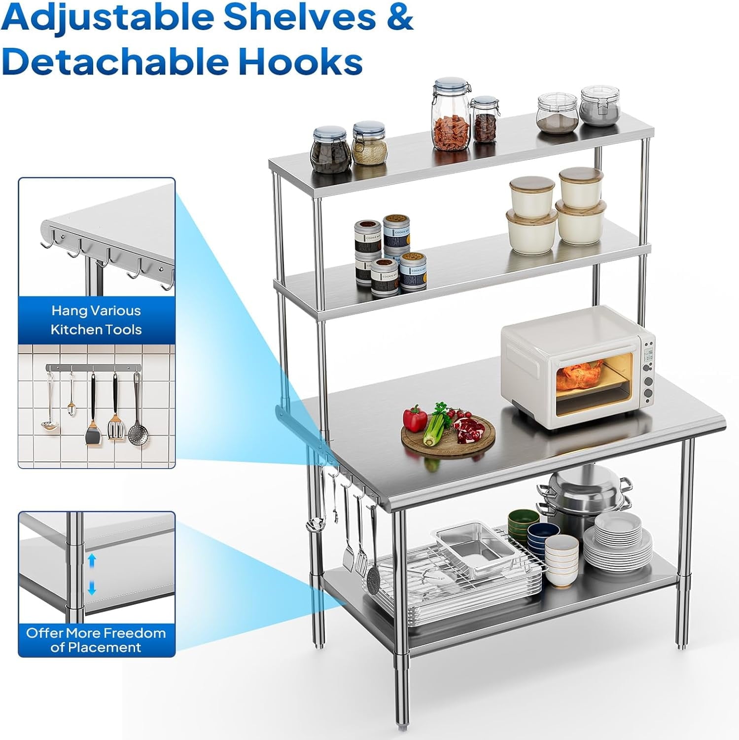 Ktaxon 72 x 30 Stainless Steel Workbench with Overshelves, NSF Commercial Heavy Duty Work Table with Adjustable Undershelf & Detachable Hooks
