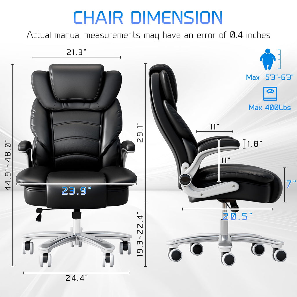 Ninecer Big and Tall Office Chair 400lb Wide Seat, Ergonomic High Back Leather Executive Desk Chair, Computer Chair with Flip-up Arms, Black