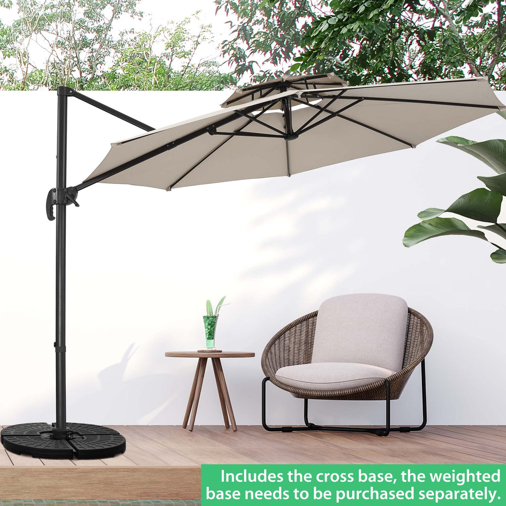 Ainfox 10ft Double Top Heavy-Duty Patio Cantilever Umbrella with lights and Cross Base, Outdoor Large Offset Hanging Aluminum Rotation Sun Shade Solar Umbrella with 360°Rotation Adjustable,Khaki