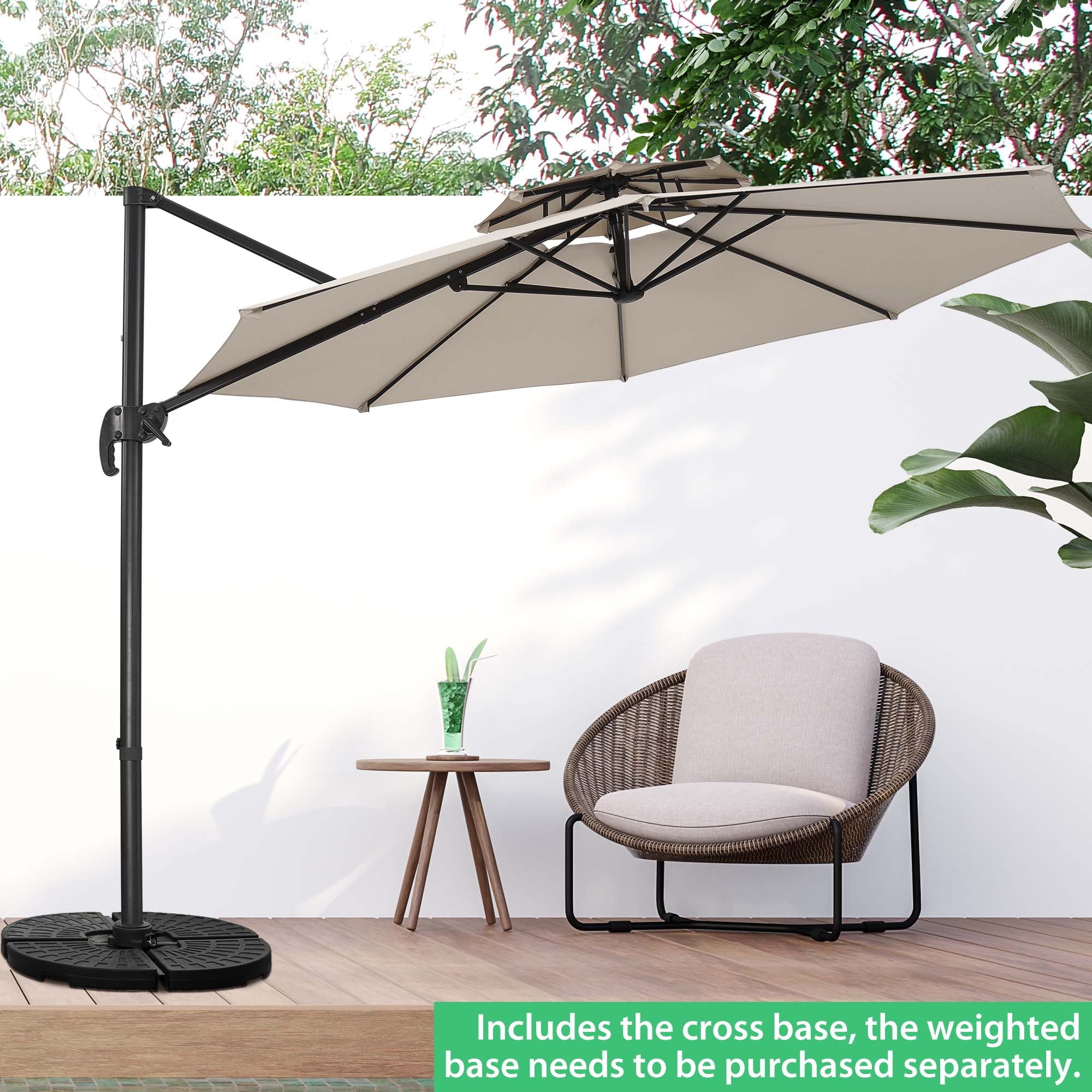 Ainfox 10ft Double Top Heavy-Duty Patio Cantilever Umbrella with lights and Cross Base, Outdoor Large Offset Hanging Aluminum Rotation Sun Shade Solar Umbrella with 360°Rotation Adjustable,Khaki