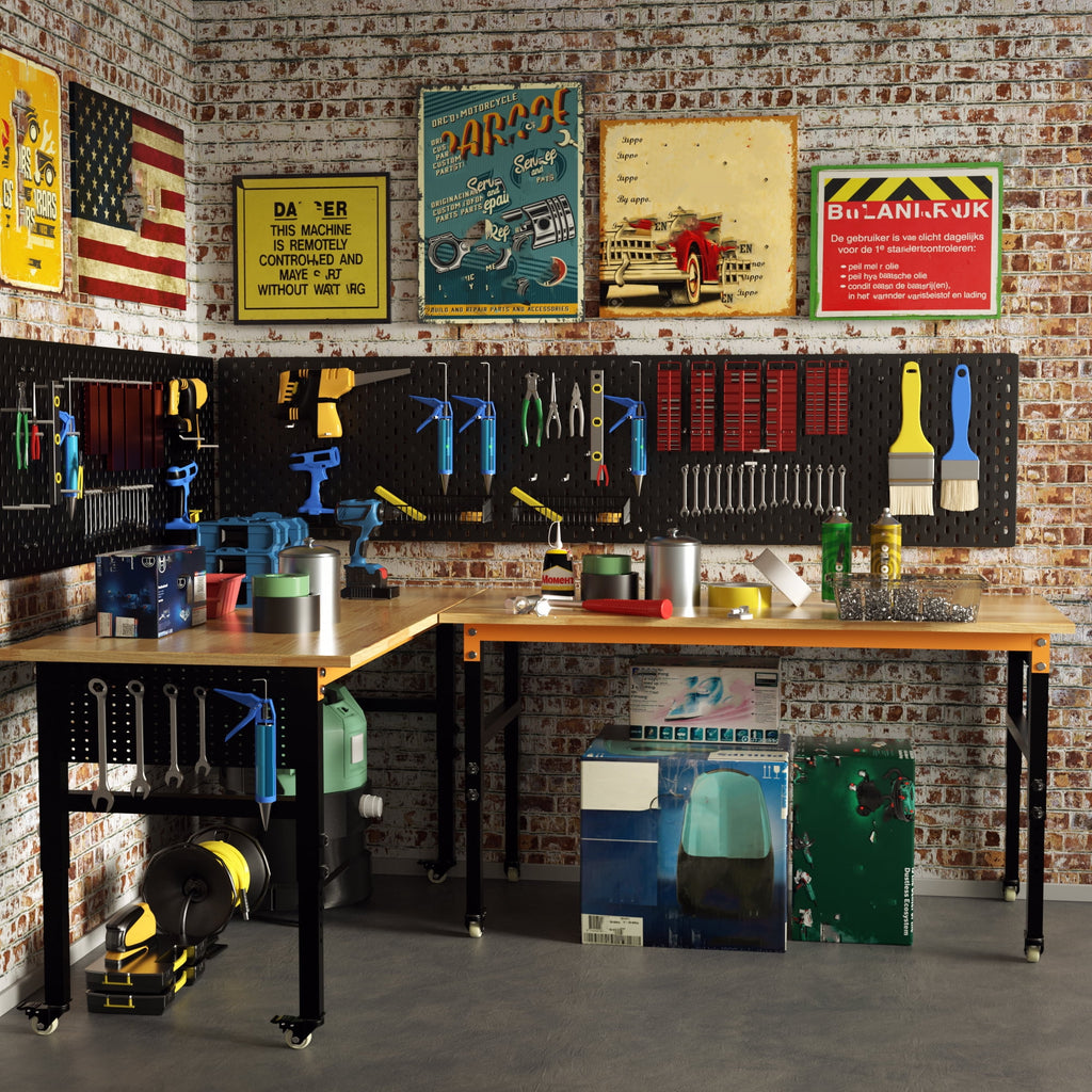 Joywind 60 Heavy-Duty Adjustable Workbench with Locking Wheels, Power Strip & Pegboard – Rubber Wood Work Table for Garage, Workshop, Home Office