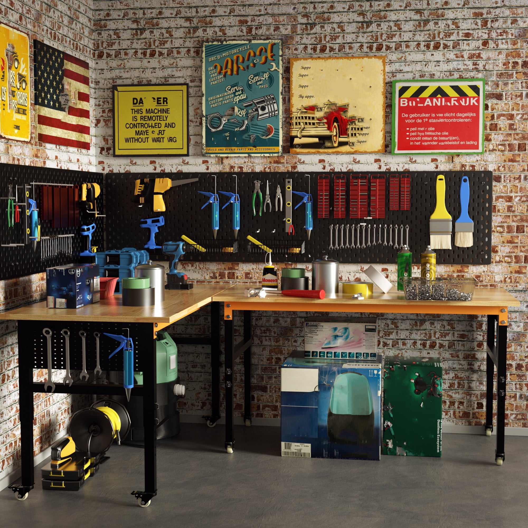 Joywind 60 Heavy-Duty Adjustable Workbench with Locking Wheels, Power Strip & Pegboard – Rubber Wood Work Table for Garage, Workshop, Home Office