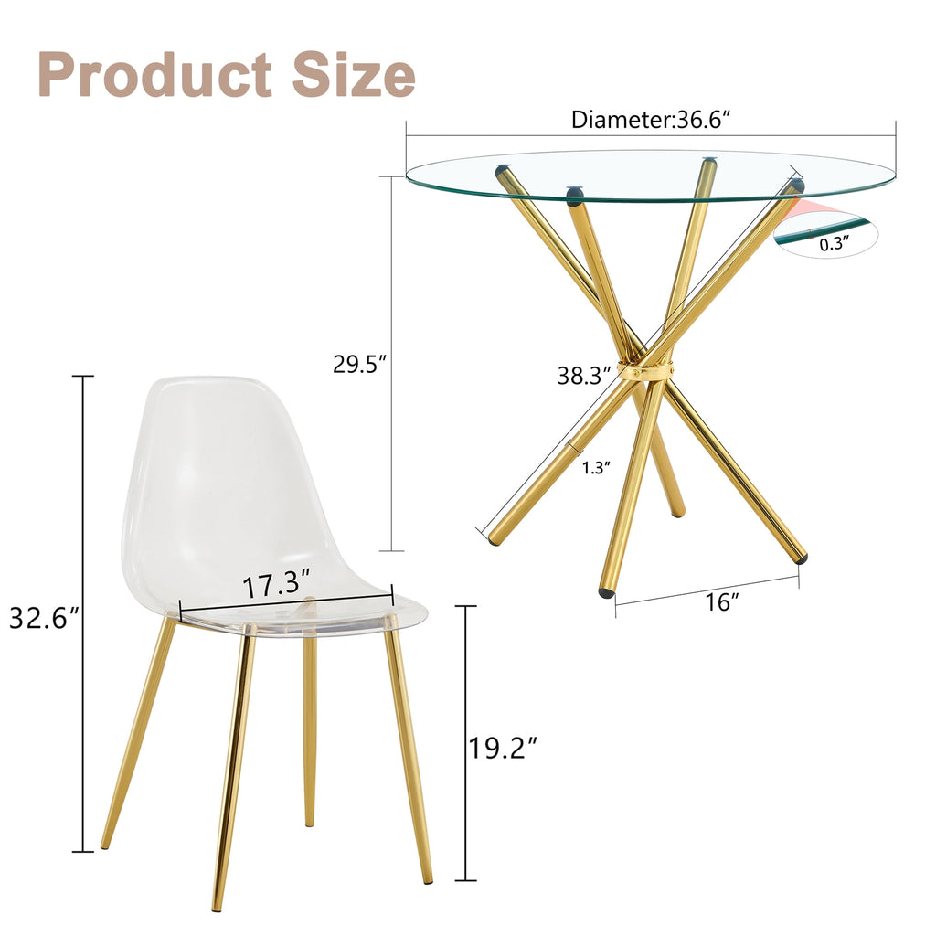 LUFTUT 36.6 Round Glass Dining Table, Modern Gold Base Kitchen Table, Small Space Bistro Table, Clear Tempered Glass Top for Apartmen