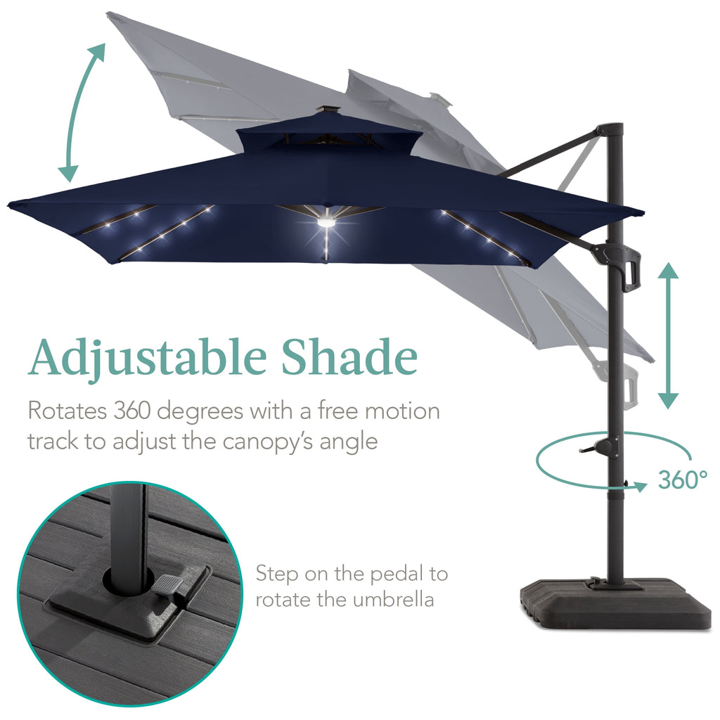 Best Choice Products 10x10ft 2-Tier Square Outdoor Solar LED Cantilever Patio Umbrella w/ Base Included - Tan