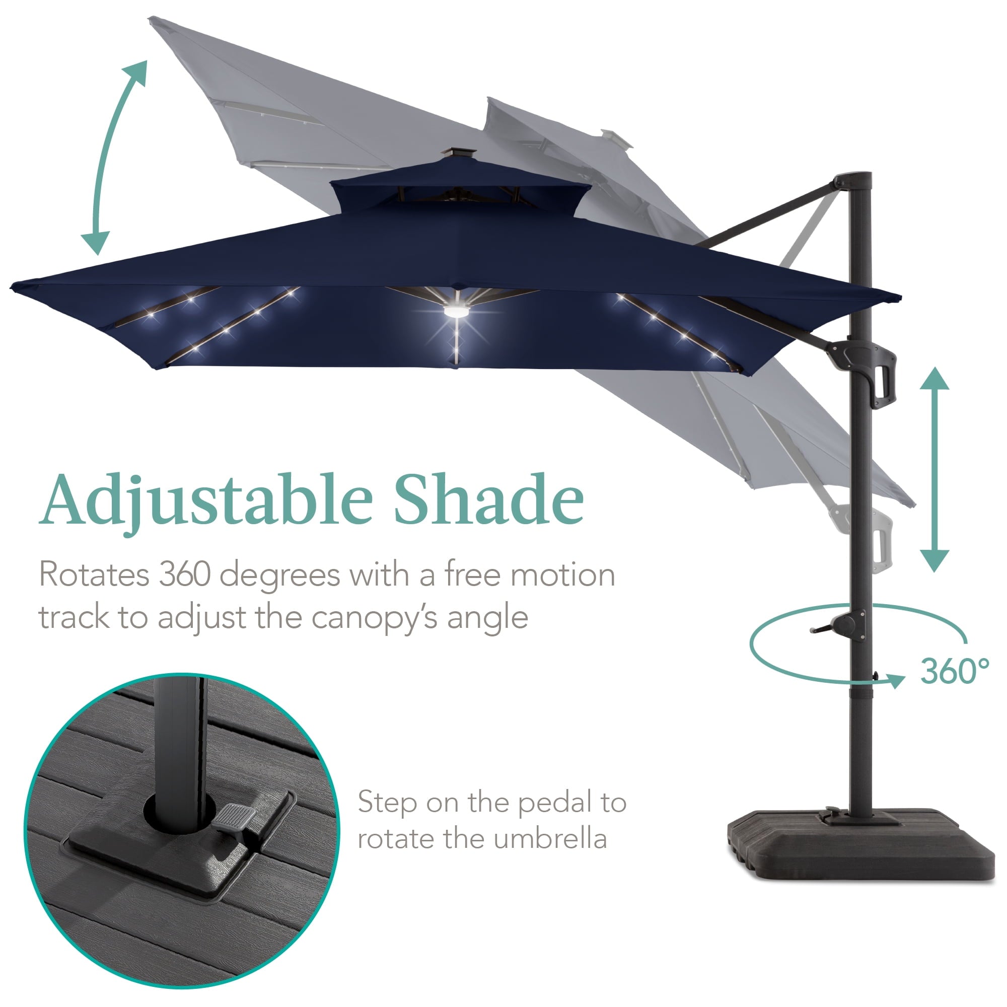 Best Choice Products 10x10ft 2-Tier Square Outdoor Solar LED Cantilever Patio Umbrella w/ Base Included - Tan