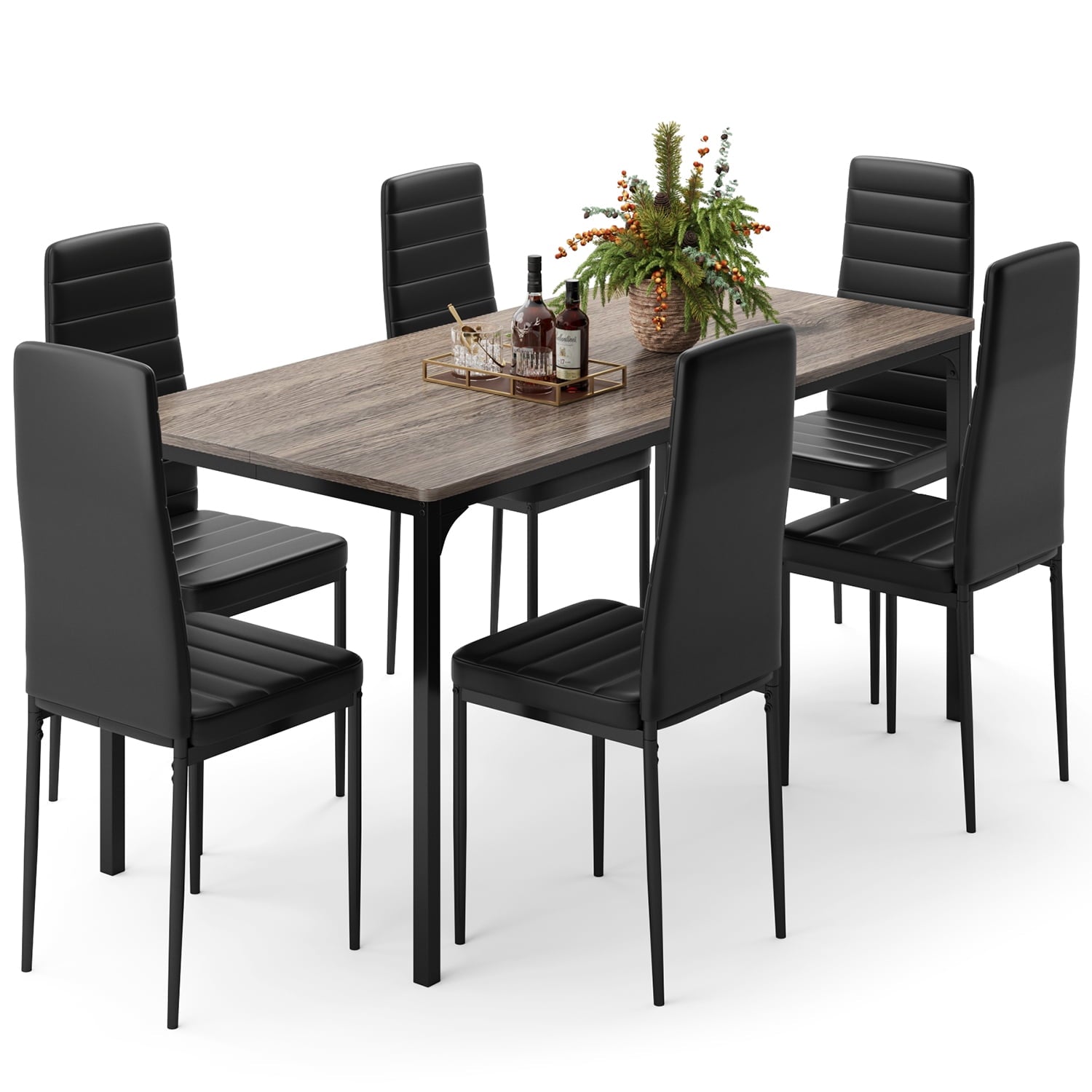 7 Piece Dining Table Set for 6, Kitchen Dining Room Furniture with 6 PU Leather Upholstered Chairs, Suitable for Apartment Small Space, Black