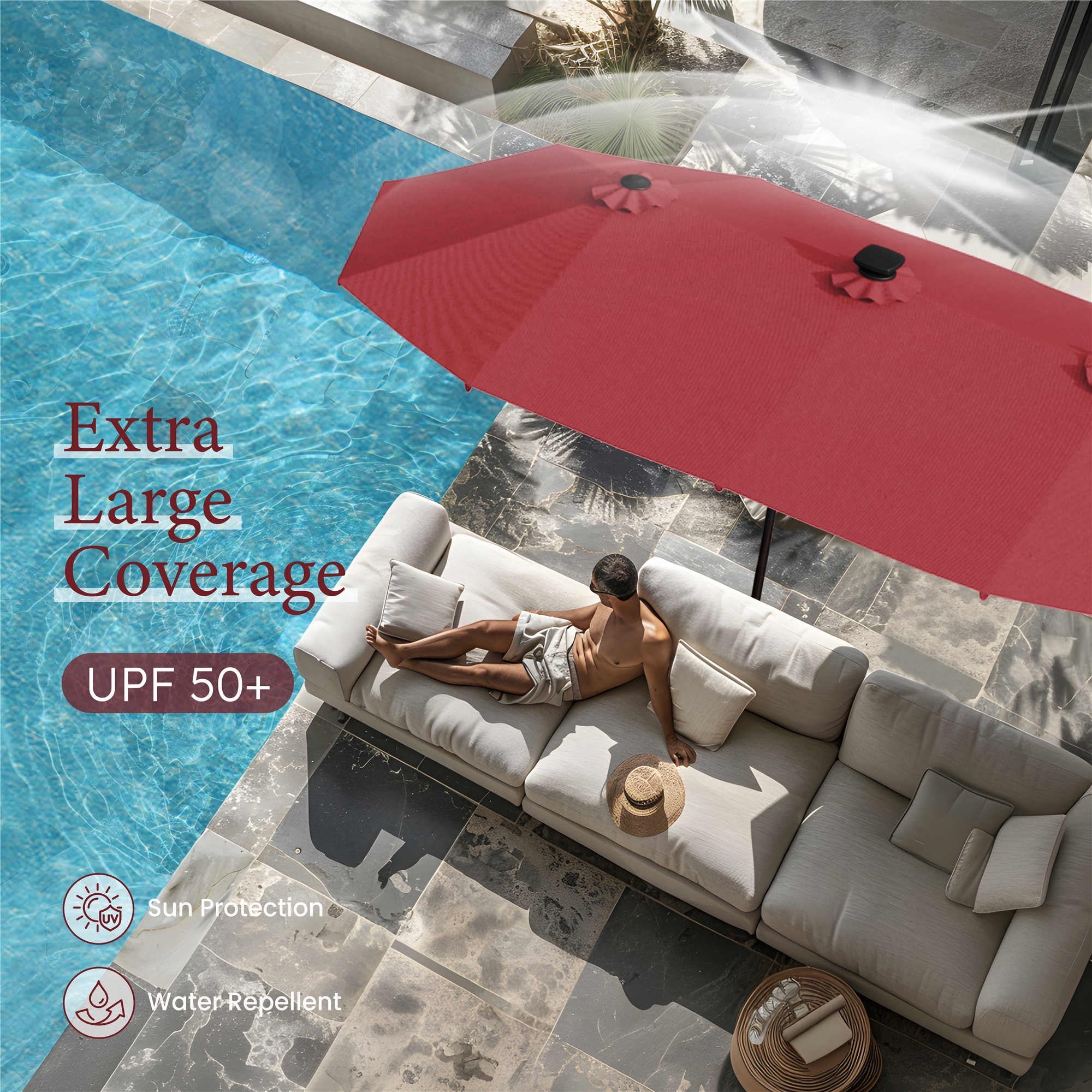 SUMMIT LIVING 13ft Large Patio Umbrella with Multi-Color LED Solar Lights Double-Sided Rectangular Outdoor Table Umbrella – Beige