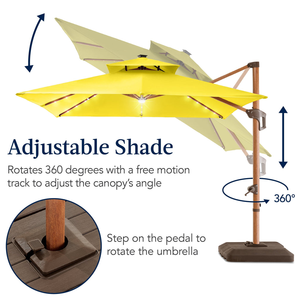 Best Choice Products 10ft Square Woodgrain Pattern 2-Tier Outdoor Solar LED Cantilever Umbrella w/ Base - Gray