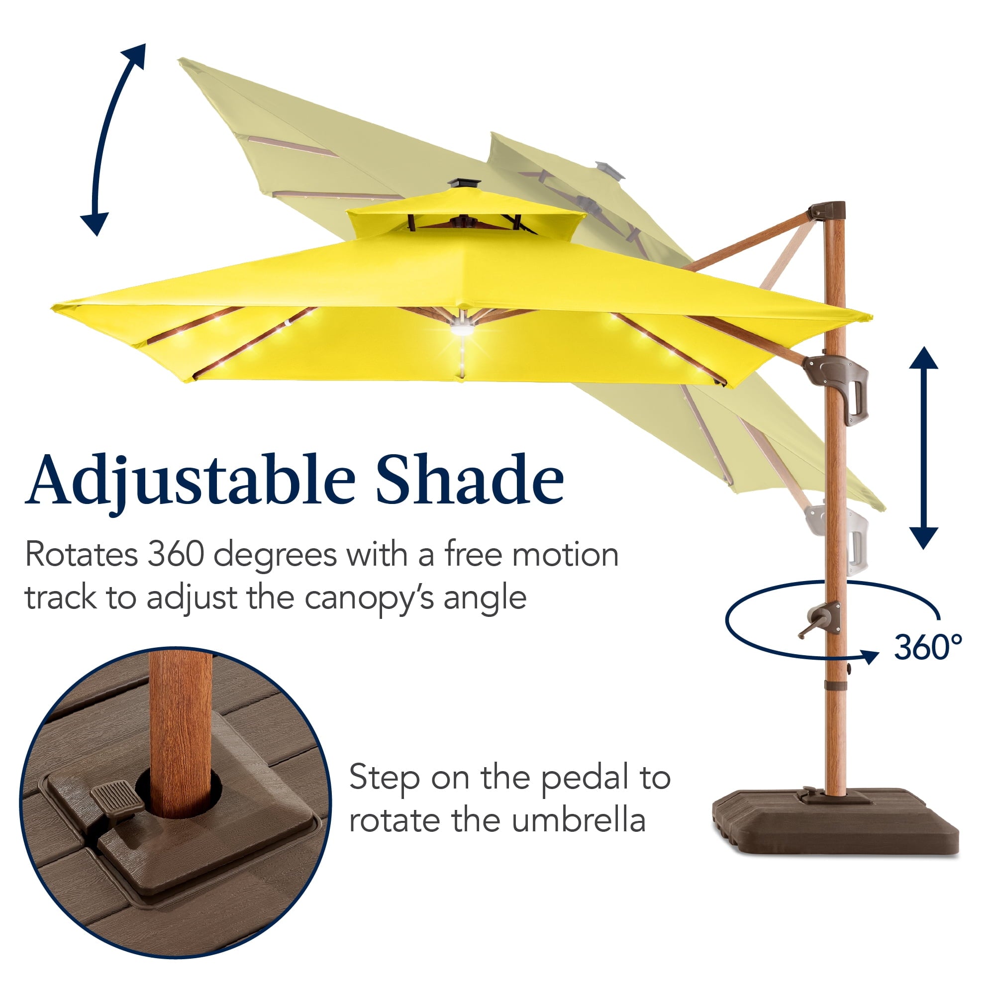 Best Choice Products 10ft Square Woodgrain Pattern 2-Tier Outdoor Solar LED Cantilever Umbrella w/ Base - Gray