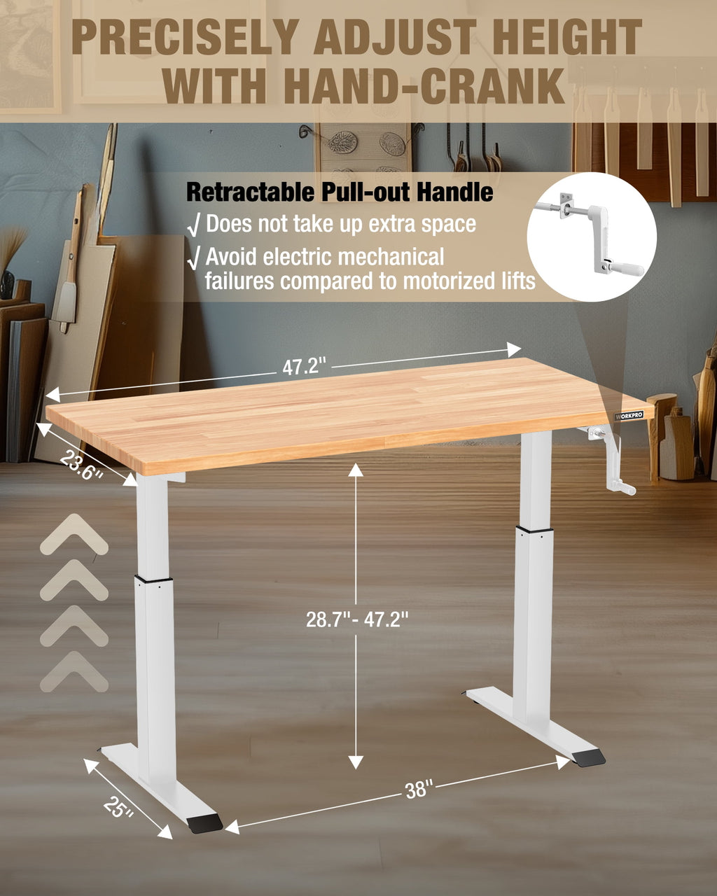 WORKPRO 300 lbs Height Adjustable Workbench with Crank Handle, 47.2x 23.6 Rubberwood Work Table, Comfortable Standing Desk for Home Workshop Office, White
