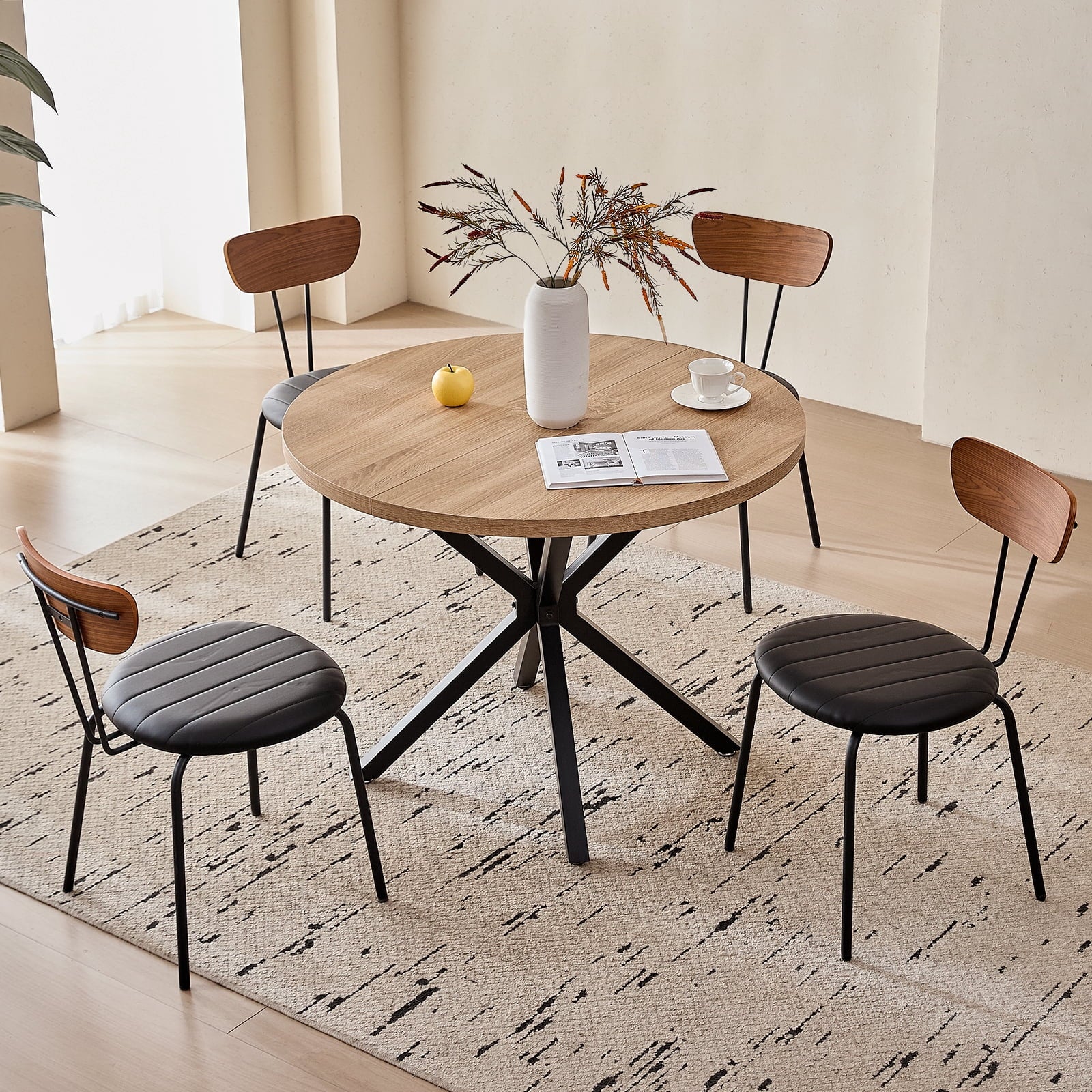 5 Piece 39 Round Dining Table Set for 4, Mid Century Kitchen Table with 4 Khaki Fabric Upholstered Dining Chairs for Apartment Living Room, Space Saving Table.