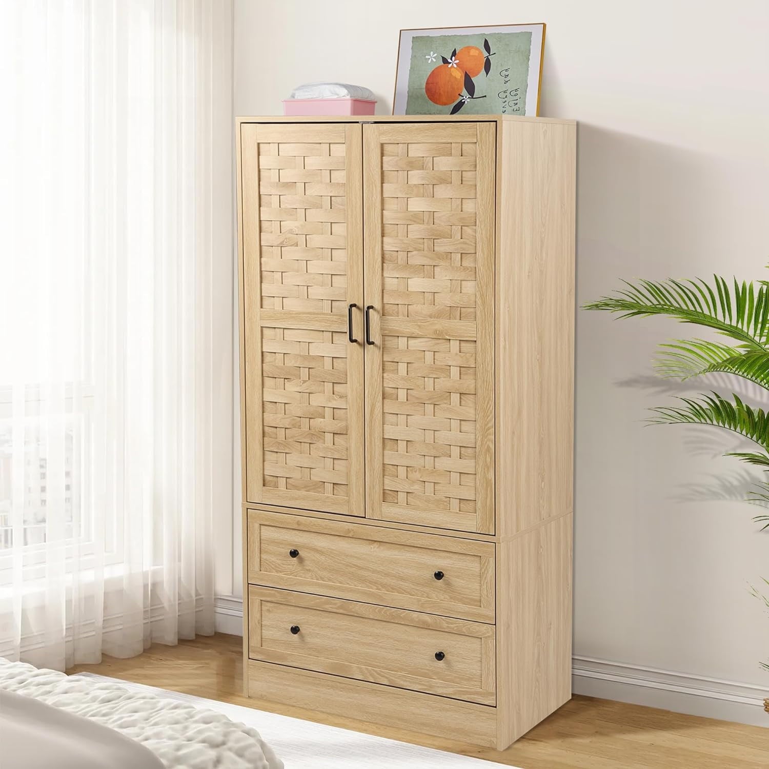 Wirrytor Freestanding Wooden Armoire Wardrobe with 2 Woven Doors and Storage Drawers, Space-Saving Closet Cabinet for Bedroom, Sturdy Mdf Board Closet with Hanging Rail