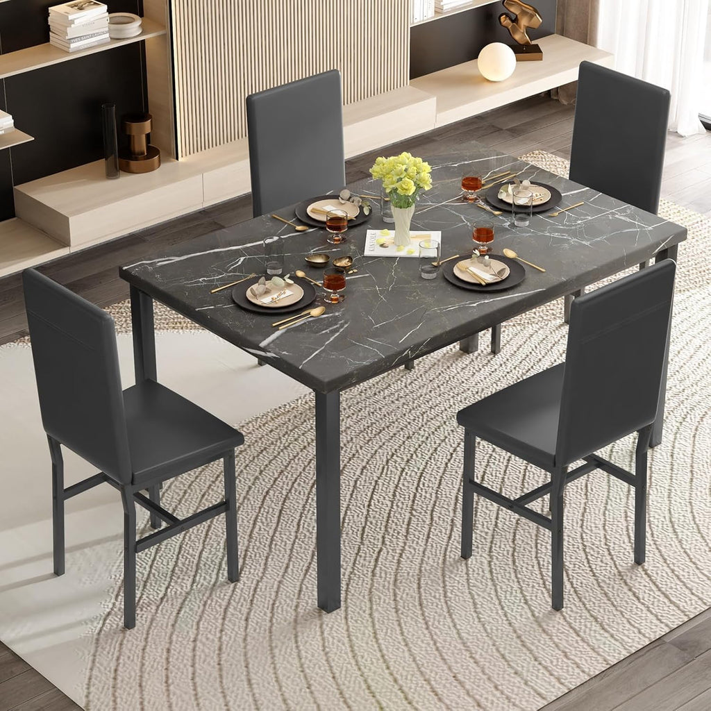 MIERES 5-Piece Dining Table Set for 4, Faux Marble Kitchen Table and 4 Chairs, Modern Dining Room Table with 4 Chairs, Dinner Table Set for Small Spaces, Brown