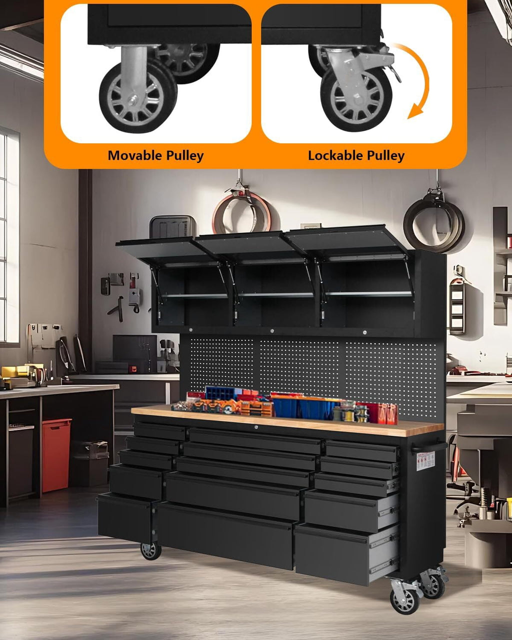 Garvee 72 Workbench Tool Chest, Large Rolling Work Bench with 15 Drawers and 3 Top Cabinets for Garage, Warehouse, Repair Shop, Black