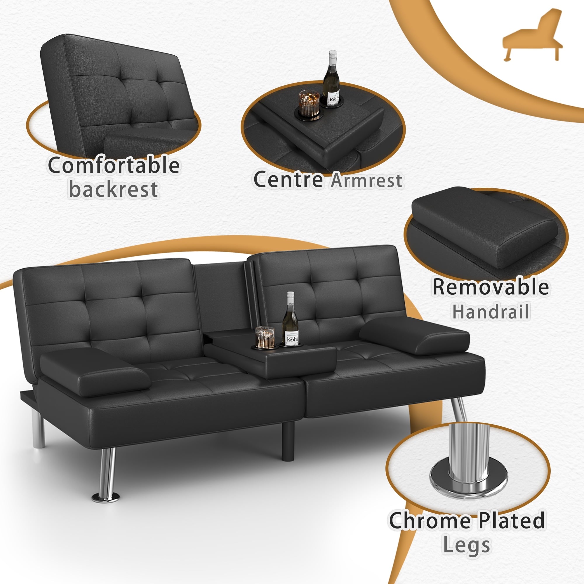Homall Futon Sofa Bed Faux Leather Couch Modern Convertible Folding Recliner with 2 Cup Holders