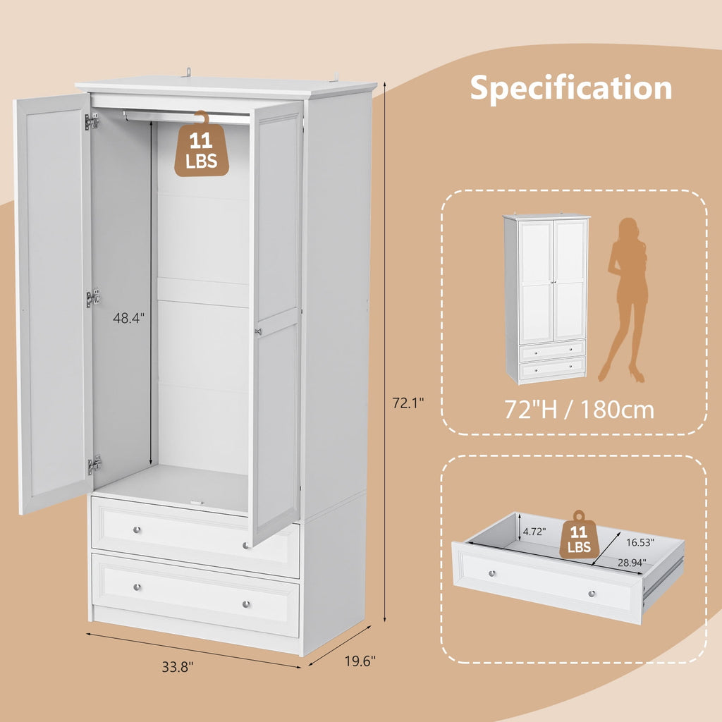 Ktaxon Wardrobe Armoire Closet with Hanging Rod, Modern Drawer & Shelf – Elegant White Finish Closet, Farmhouse to Mid-Century Style