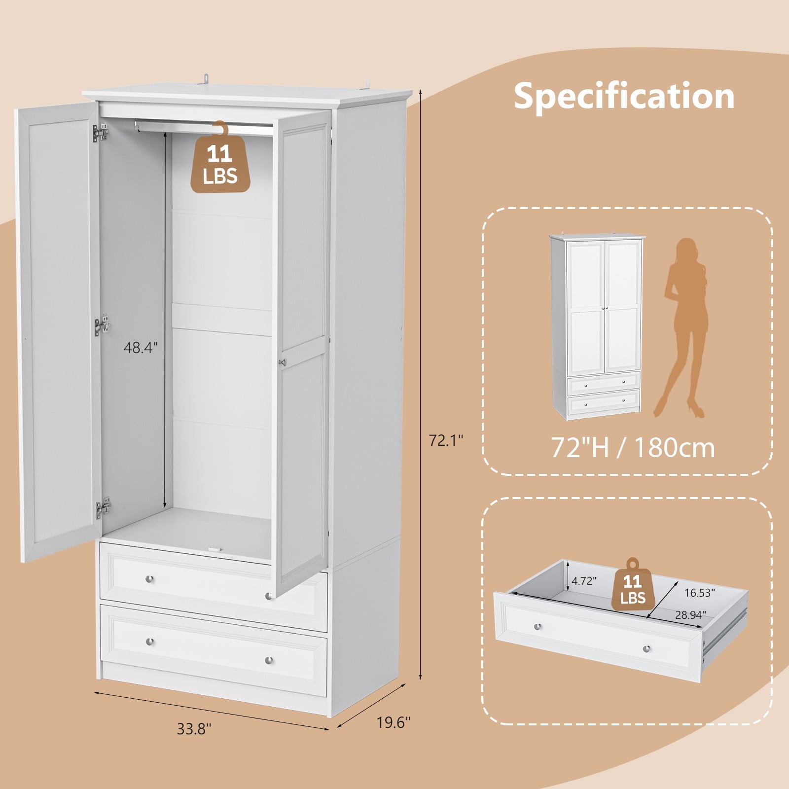 Ktaxon Wardrobe Armoire Closet with Hanging Rod, Modern Drawer & Shelf – Elegant White Finish Closet, Farmhouse to Mid-Century Style