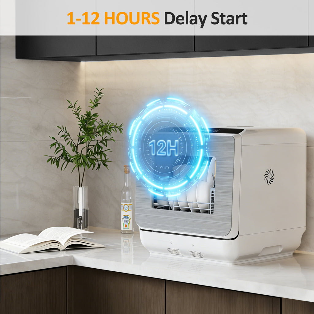 Heynemo Portable Countertop Dishwasher 18, 152oz Built-in Water Tank, 6 Wash Programs, Energy Star, Delay Start for Apartments & RV, White with Brushed Gray Door