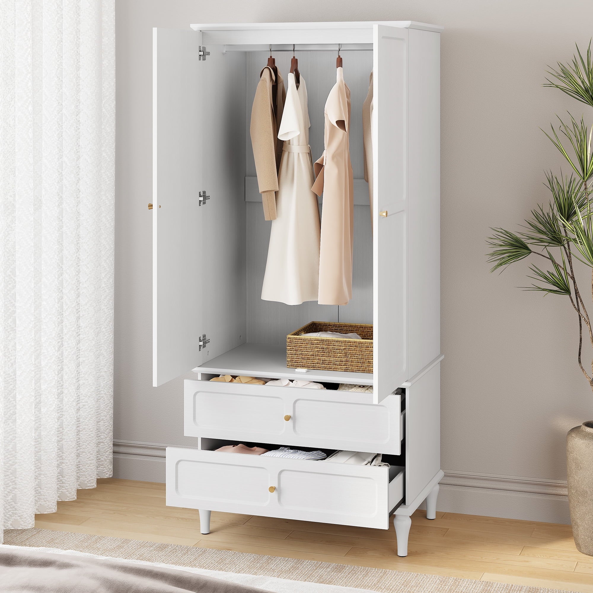 HLR 71 Tall Modern Wood Armoire Wardrobe Closet, Freestanding Cabinet with Hanging Rod for Bedroom, Brown