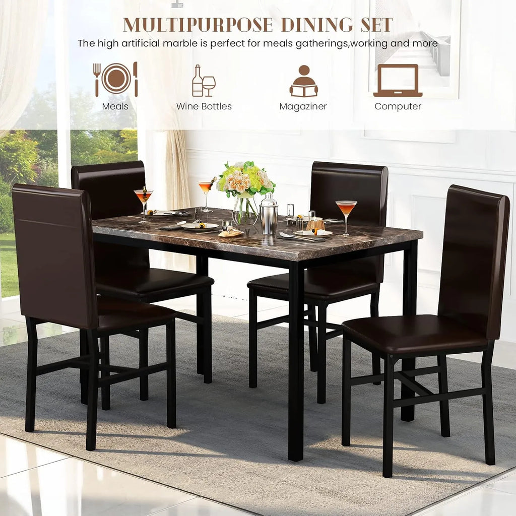 MOOSENG Dining Table Set for 4, Faux Marble Kitchen Table and Chairs Set of 4, 5-Piece Dining Room Set with PU Leather Upholstered Chairs for Small Space, Gray