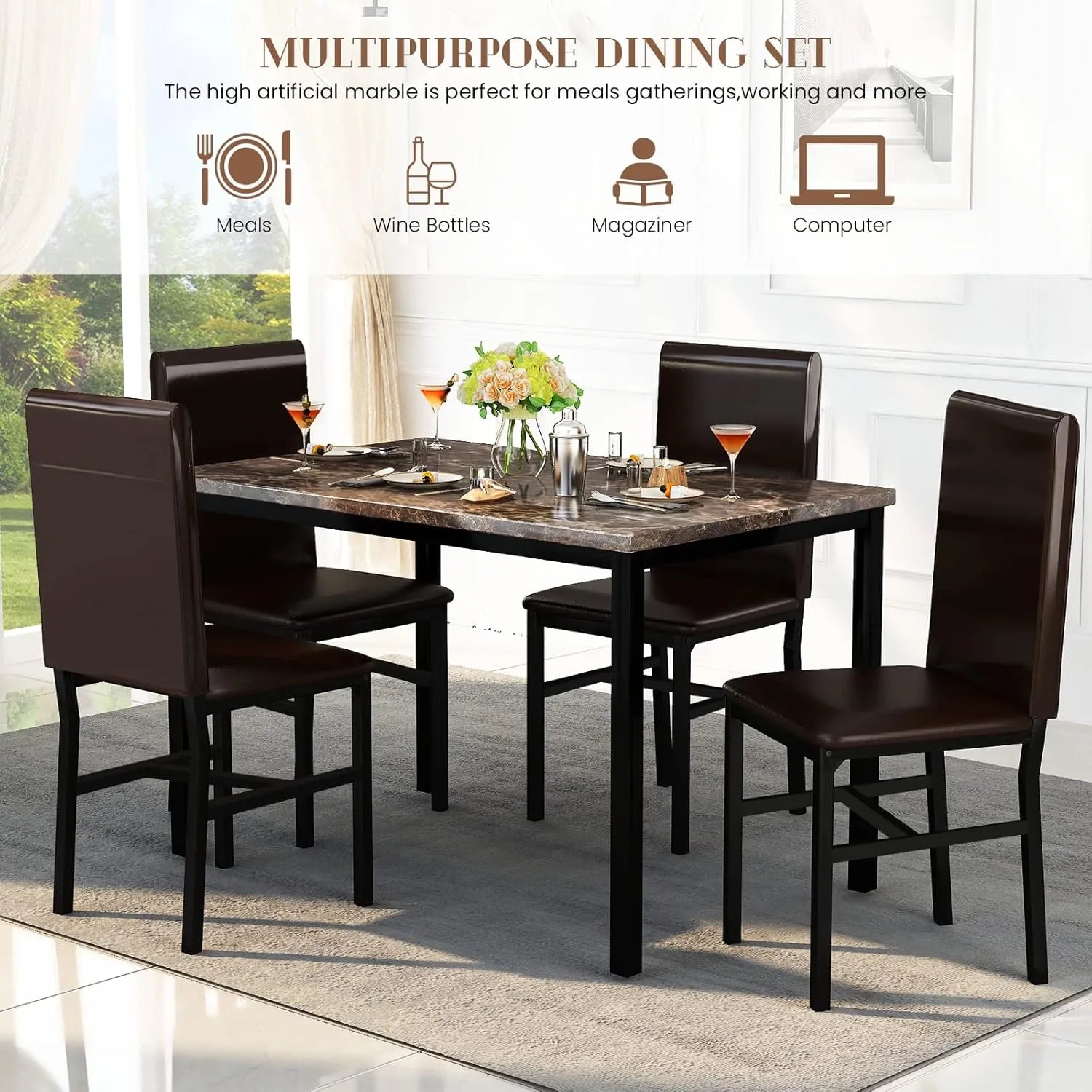MOOSENG Dining Table Set for 4, Faux Marble Kitchen Table and Chairs Set of 4, 5-Piece Dining Room Set with PU Leather Upholstered Chairs for Small Space, Gray