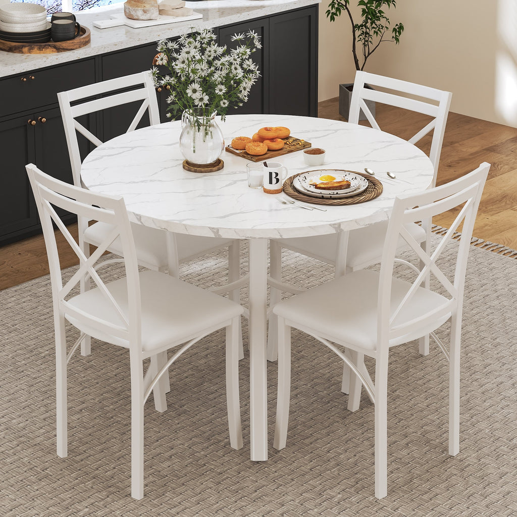 VECELO 5-Piece Dining Table Set, Modern Faux Marble Table and 4 Upholstered Chairs Set for 4, Round Dining Room Table Set for Small Space, Breakfast Nook, Apartment, Black