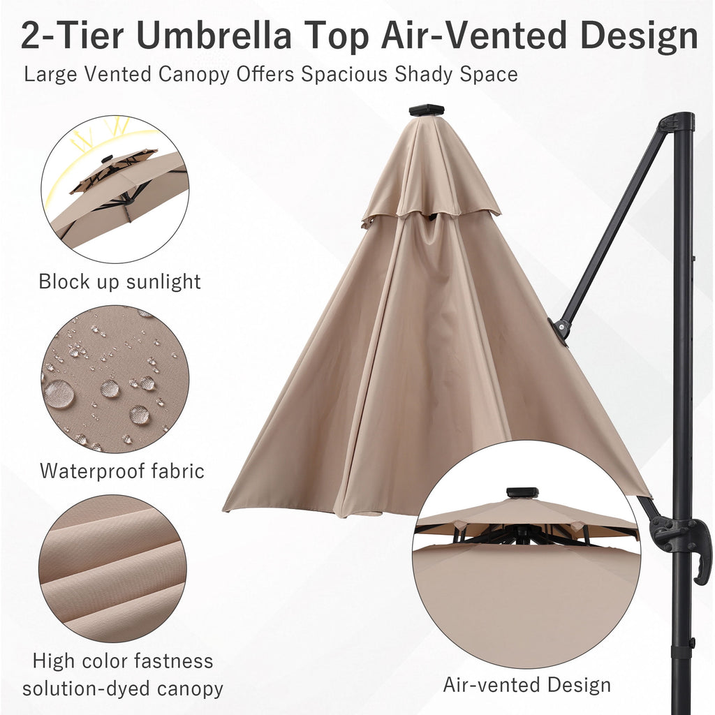Ainfox 10ft Double Top Heavy-Duty Patio Cantilever Umbrella with lights and Cross Base, Outdoor Large Offset Hanging Aluminum Rotation Sun Shade Solar Umbrella with 360°Rotation Adjustable,Khaki