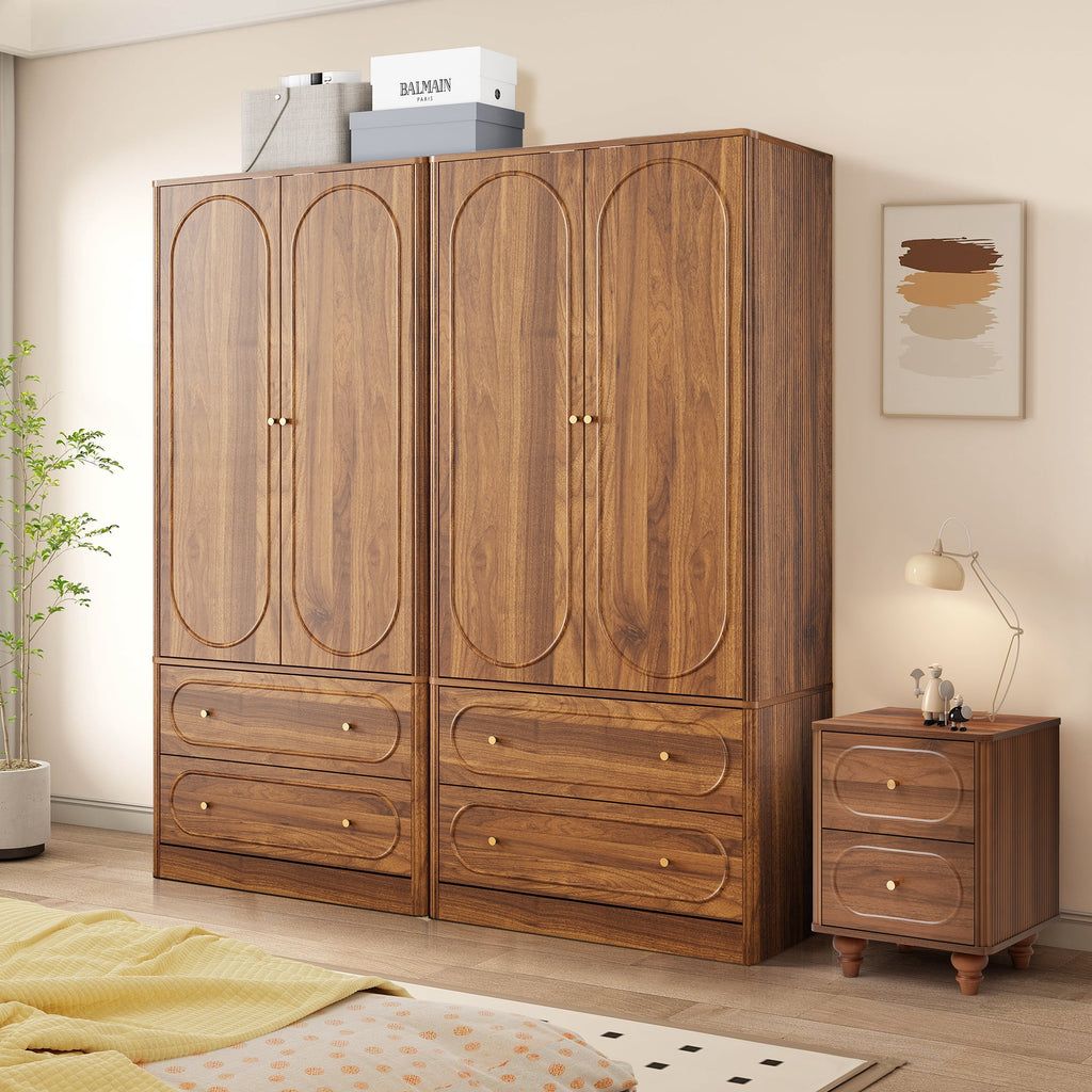 Wirrytor Freestanding Wooden Armoire Wardrobe with 2 Woven Doors and Storage Drawers, Space-Saving Closet Cabinet for Bedroom, Sturdy Mdf Board Closet with Hanging Rail