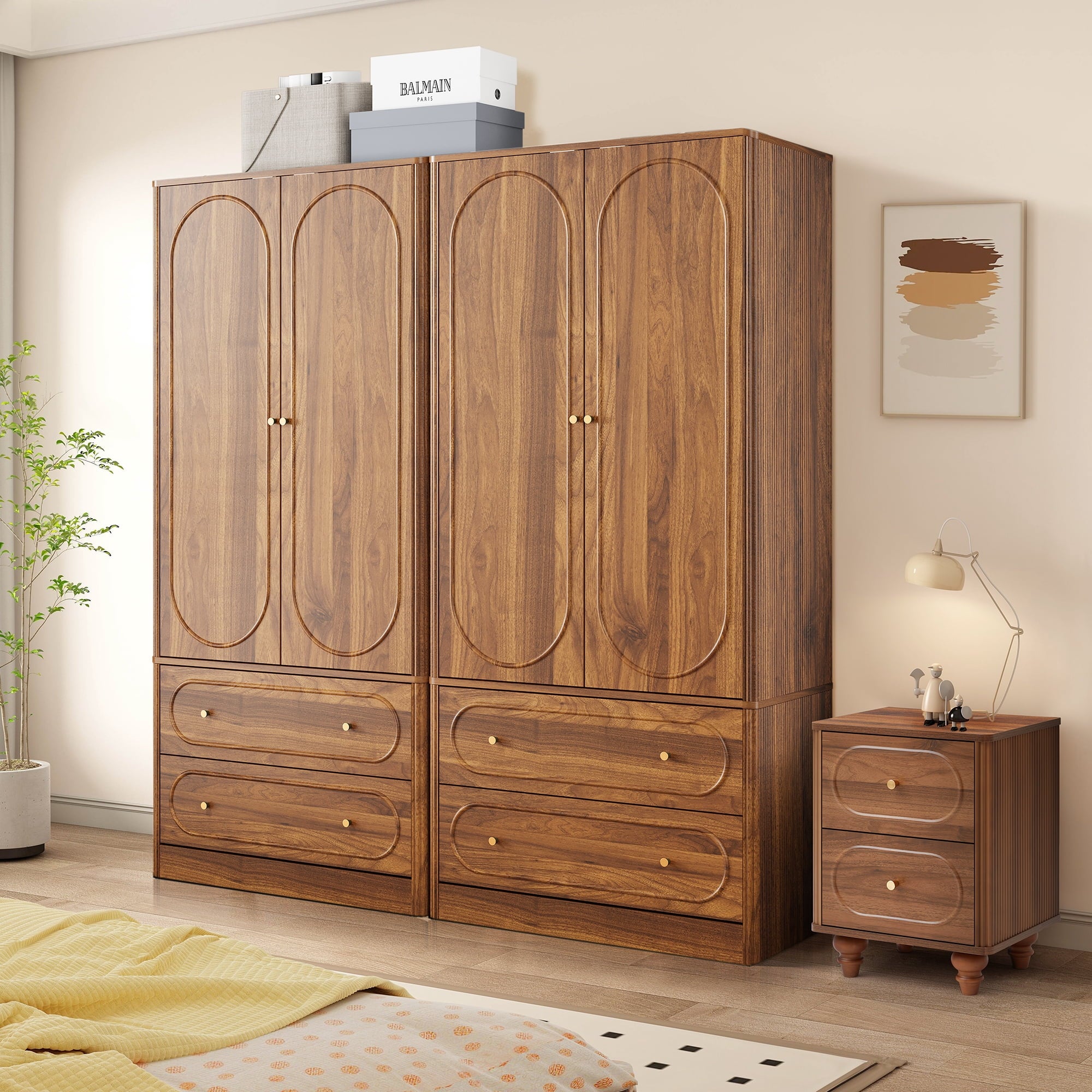 Wirrytor Freestanding Wooden Armoire Wardrobe with 2 Woven Doors and Storage Drawers, Space-Saving Closet Cabinet for Bedroom, Sturdy Mdf Board Closet with Hanging Rail