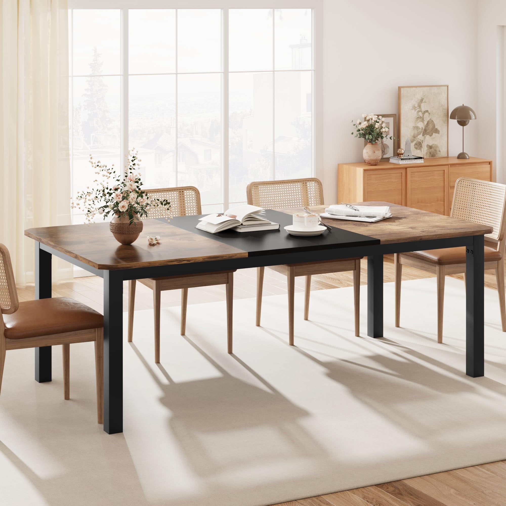 KOKEBREN 78.7 Inch Long Kitchen Table for 6-8, Dining Room Table for Kitchen Living Room, Large Rectangular Dinner Tables, Restaurant Tables with Sturdy Metal Frame(Only Table)-Black&Brown