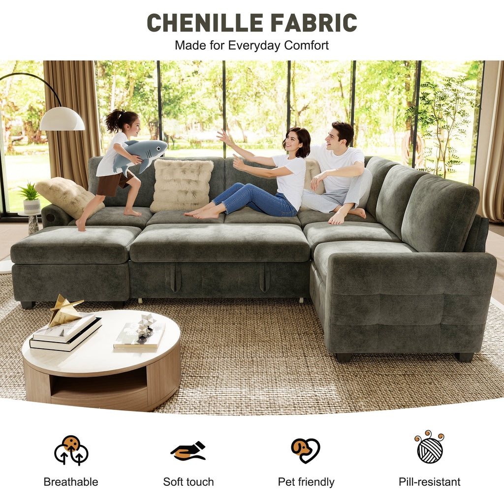BedLuxury 83 Sectional Sleeper Sofa With Pull Out Bed, Storage Seat & USB Charging, L Shape Modern Couch for Living Room, Corduroy Gray