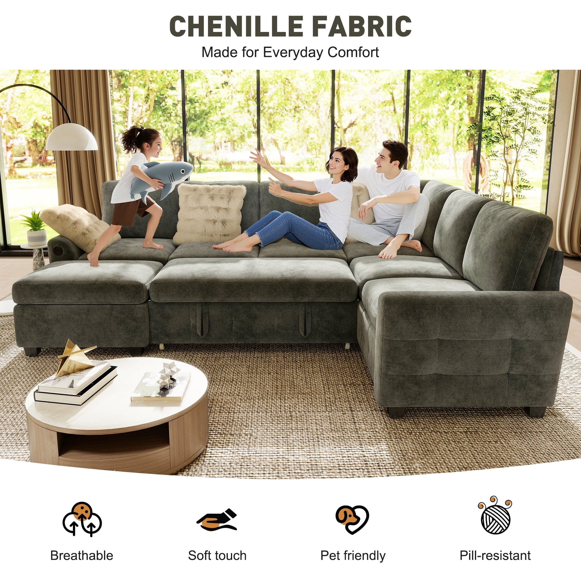 BedLuxury 83 Sectional Sleeper Sofa With Pull Out Bed, Storage Seat & USB Charging, L Shape Modern Couch for Living Room, Corduroy Gray