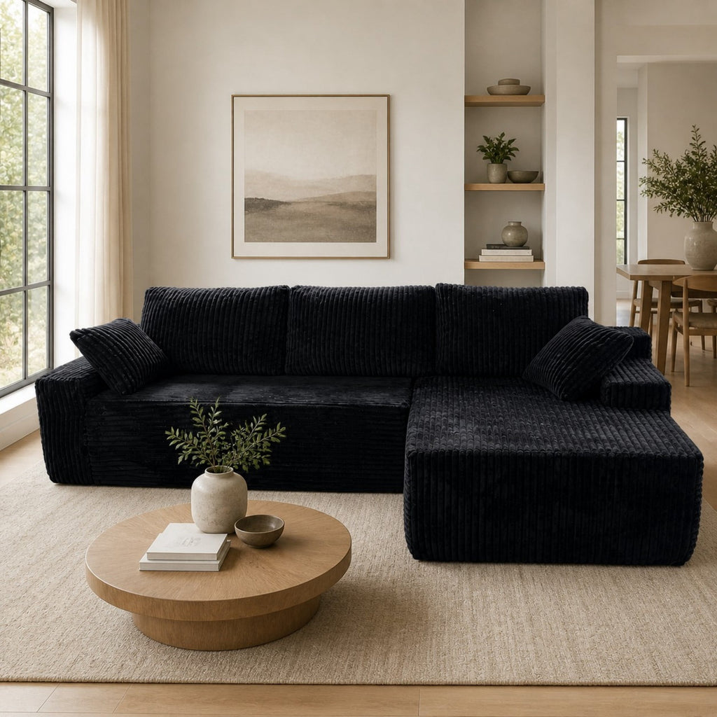 LLappuil 108 Sectional Sofa, Modular Sectional Couch with Left Chaise, Deep Seat Corduroy Cloud Sofa for Living Room Black